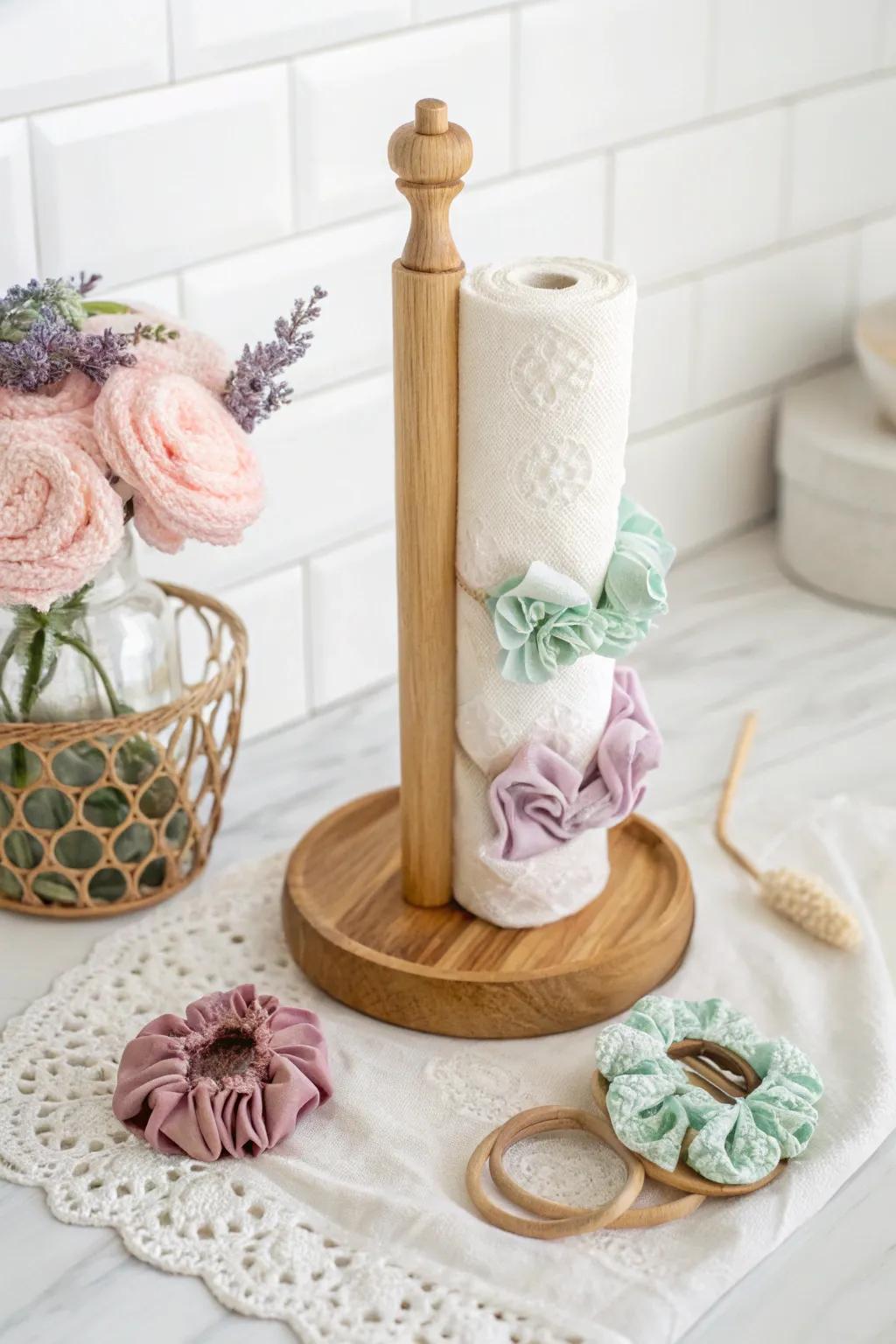 Organize with refinement: Convert a paper towel upright into a chic scrunchie column!