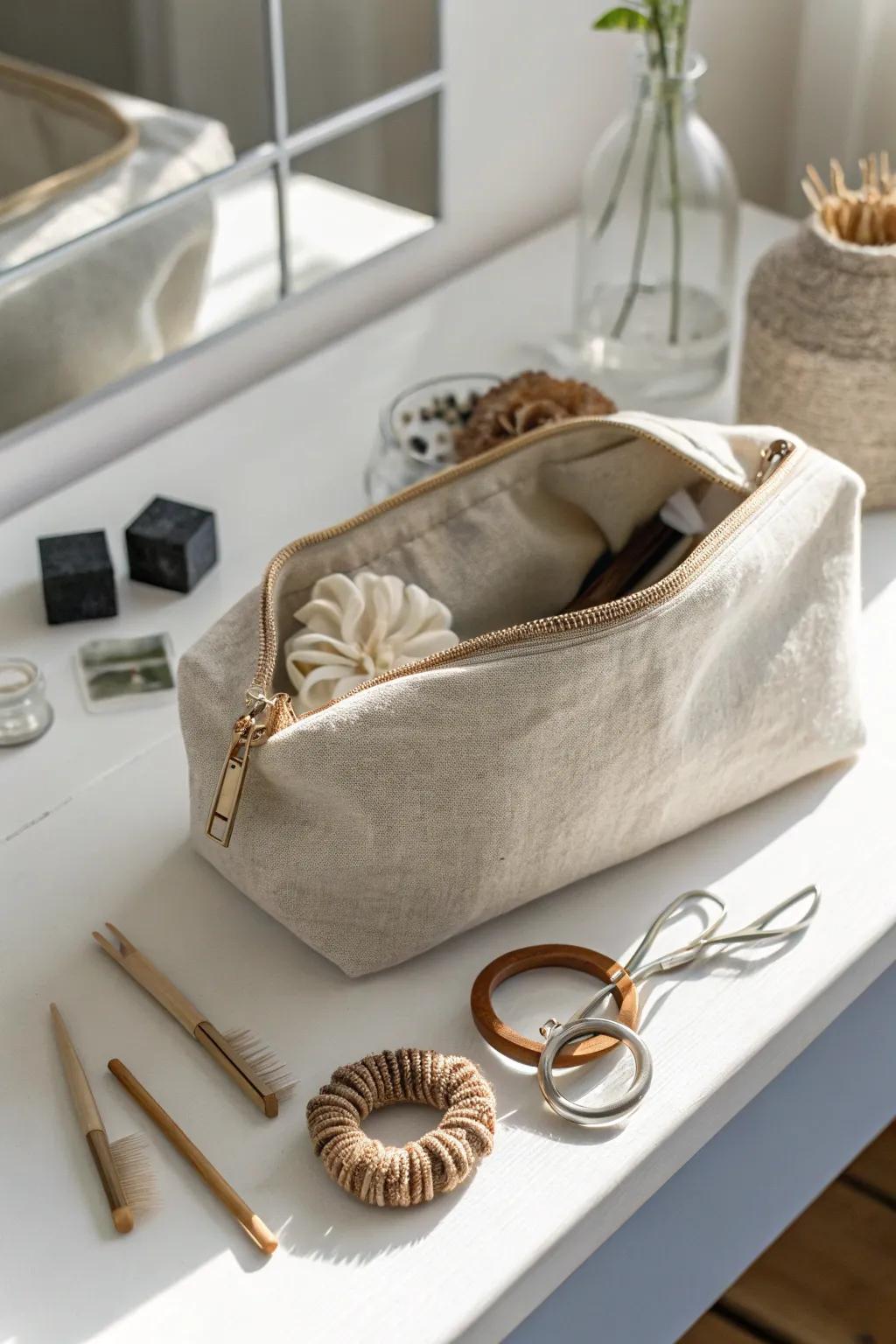 Effortless style when journeying: Transform a chic cosmetics pouch into your travel-friendly hair accessory organizer.