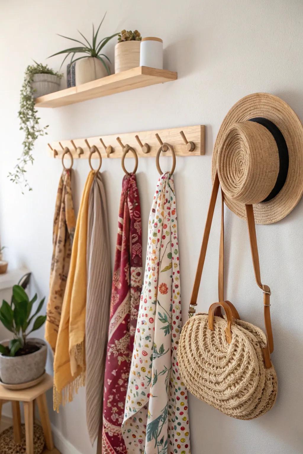 Enhance your area with a fashionable and practical wall hook display that combines Scandinavian simplicity with boho flair. Perfect for headbands and scarves!