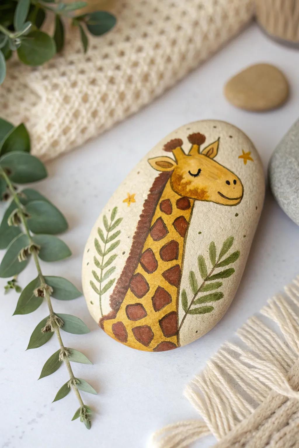 Delight in the charm of giggling giraffes with this handcrafted stone art, where elegance meets playfulness.