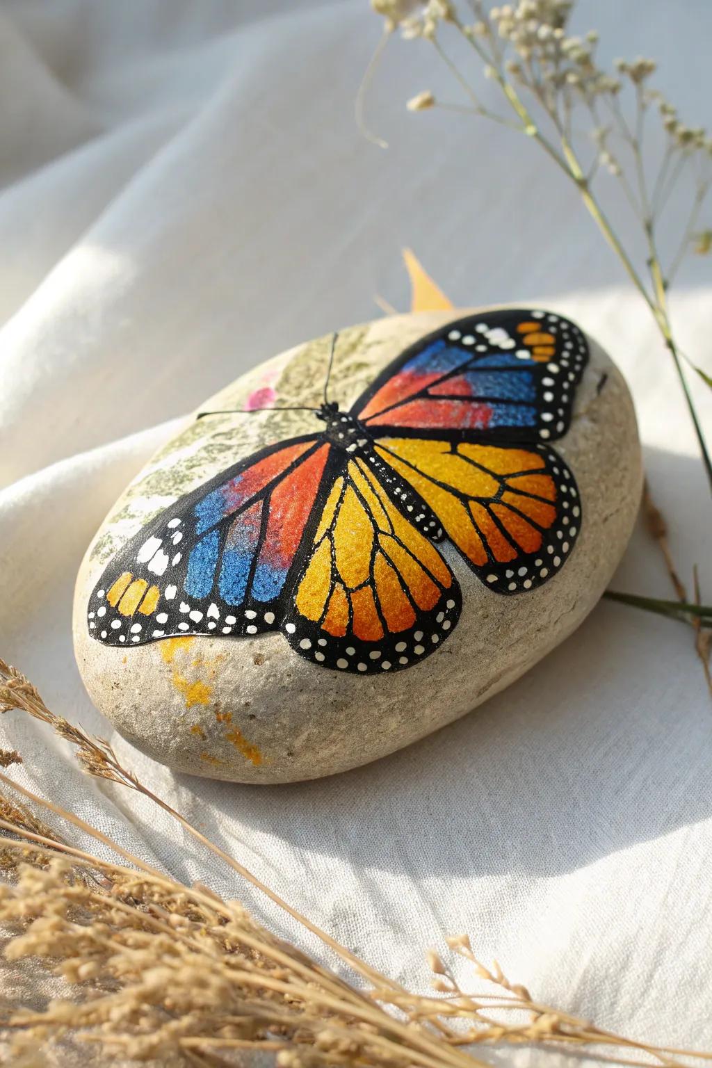 Let your creativity shine with lively butterfly stone art, where simplicity converges with natural charm.