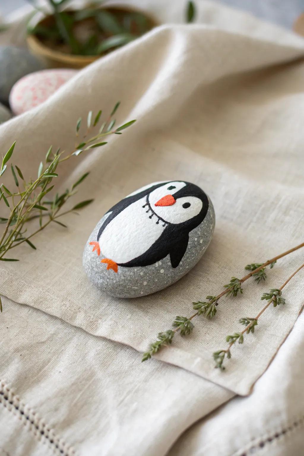 Transform stones into endearing penguin companions with a simple artistic touch.