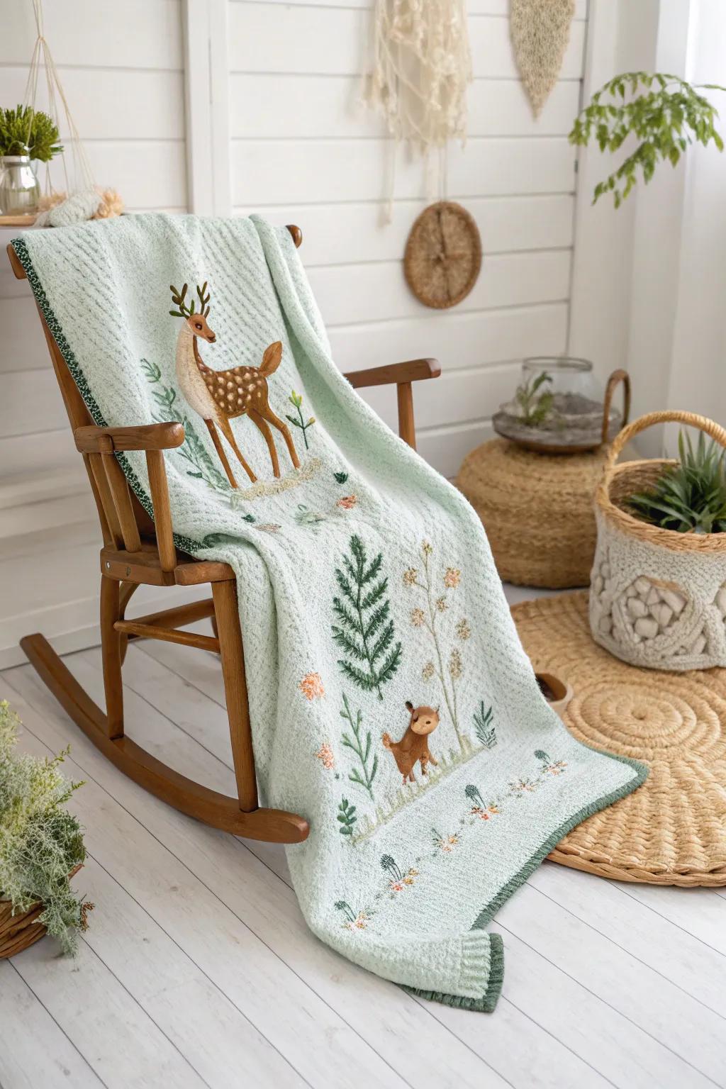 Wrap your little one in the warmth of nature with this handmade forest-themed baby blanket, a gentle embrace of curiosity and craftsmanship.