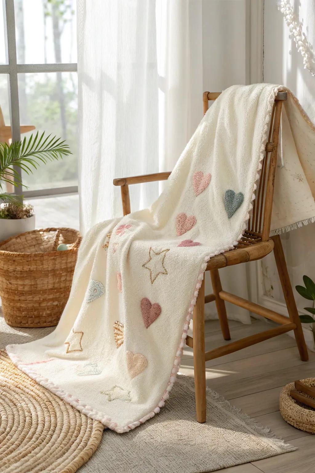 Add a touch of whimsy to your nursery with charming appliqué accents on a handmade baby blanket.