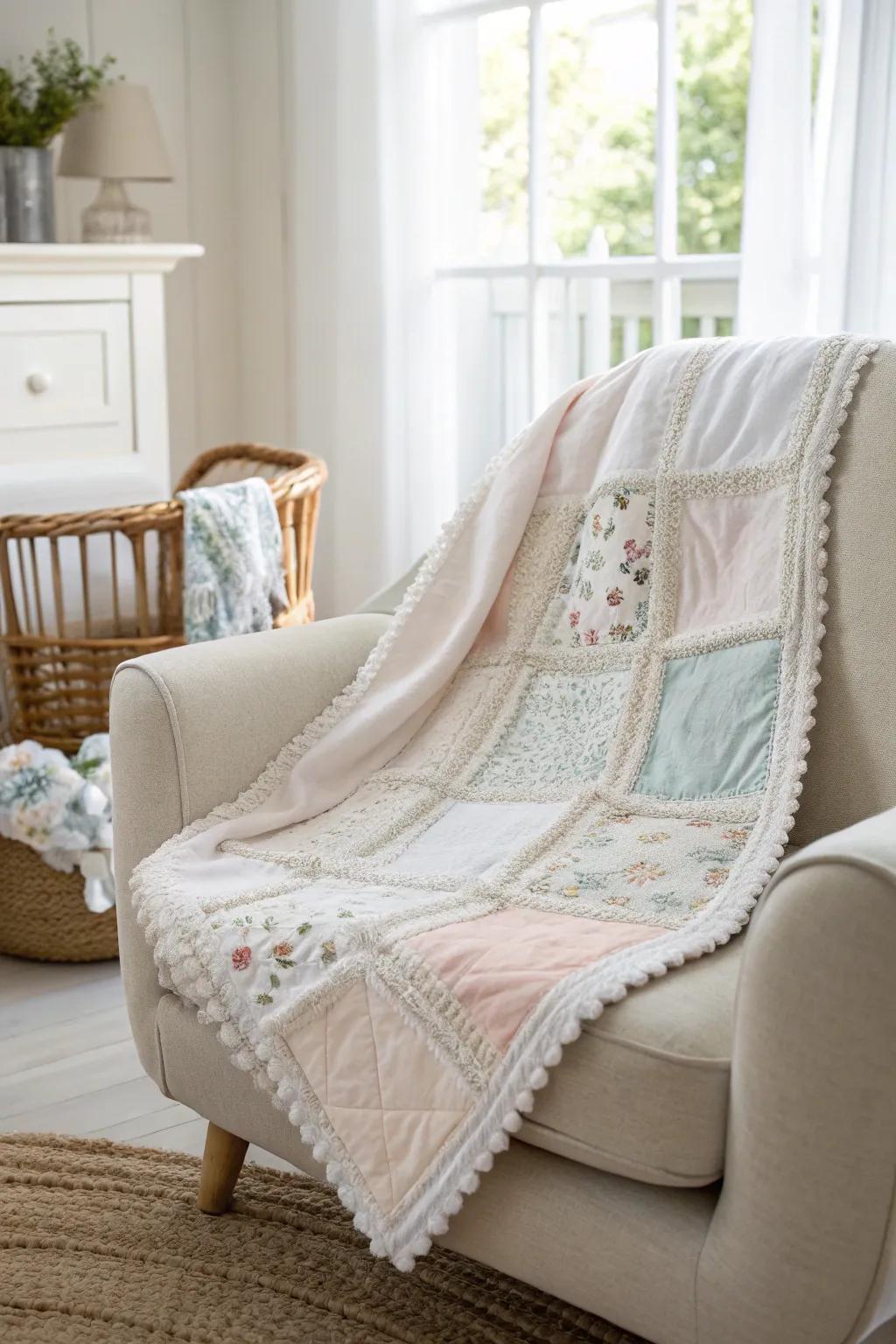 Envelop your cherished little one in both affection and sustainability through this delightful repurposed baby blanket.