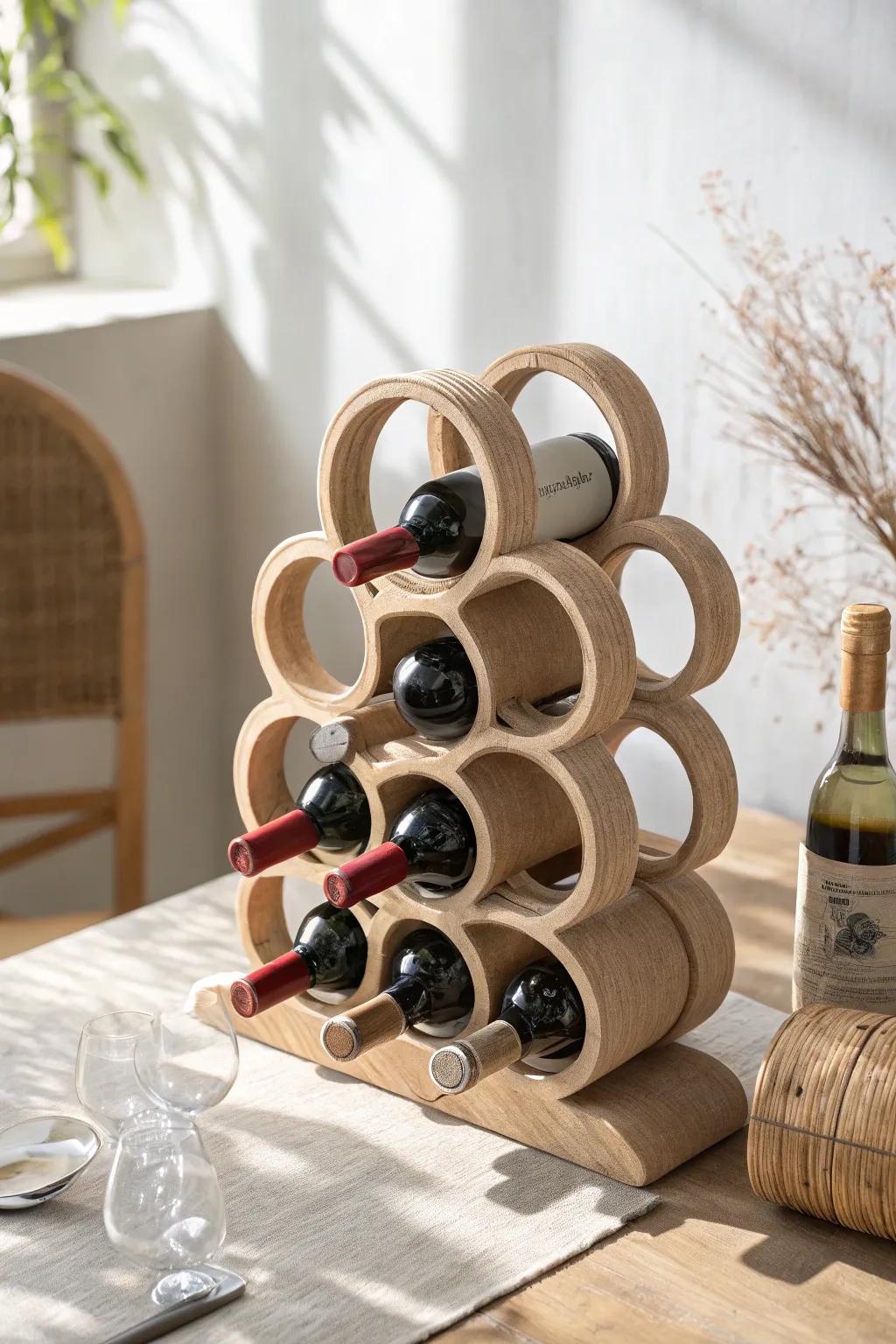 Add a touch of boho elegance to your space with a handmade coil wine rack.