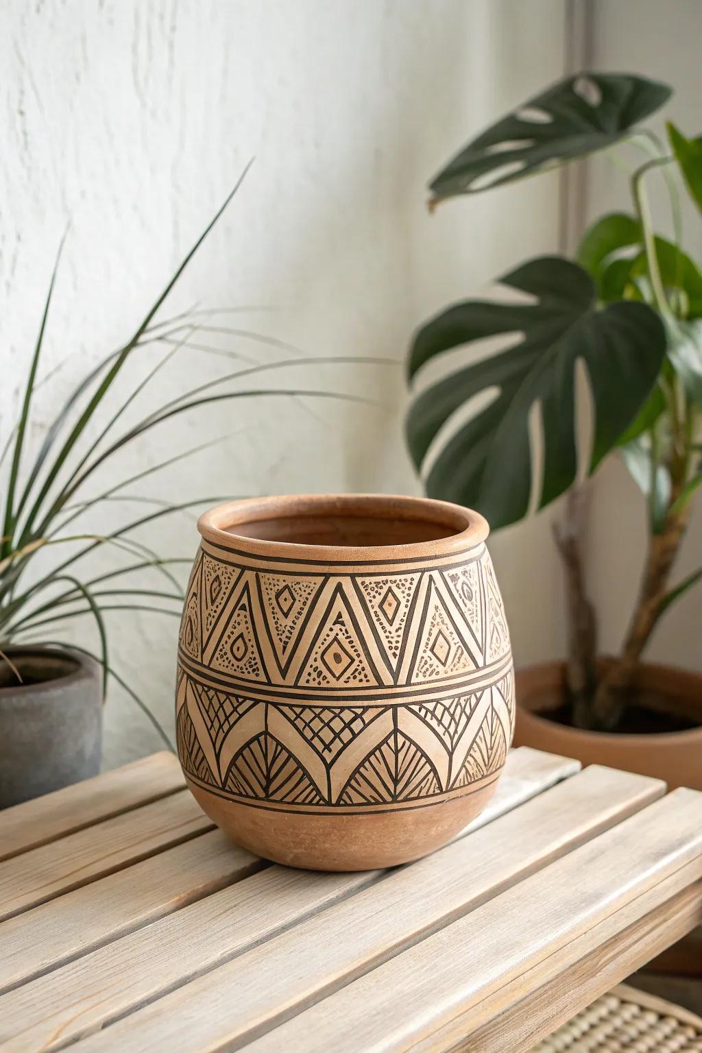 Add a contemporary touch with geometric coil pottery art.