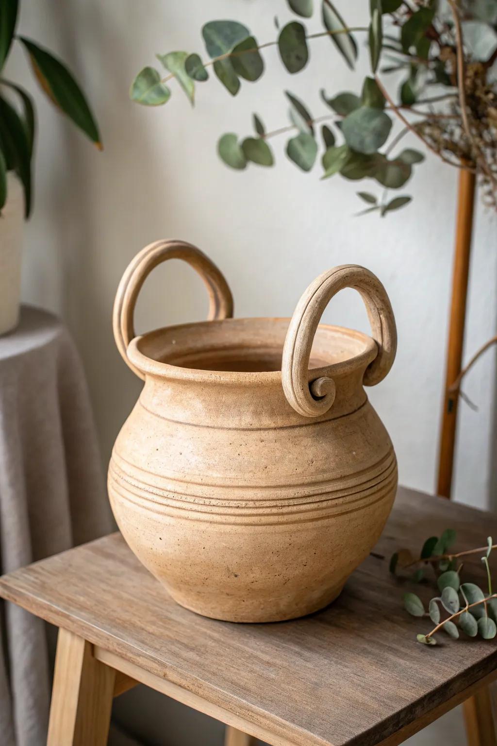 Blend functionality and artistry with a handmade coil pot featuring handles.
