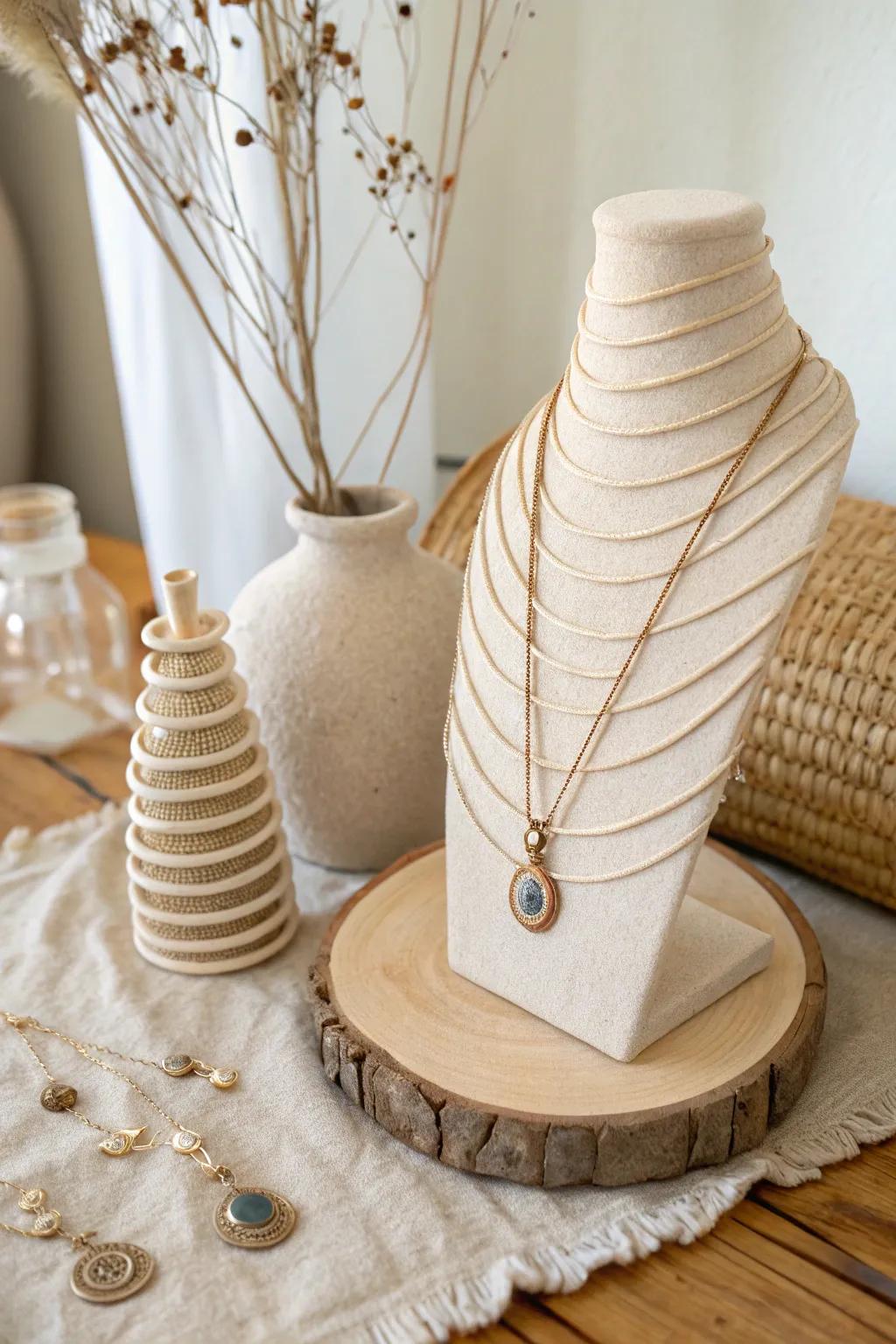 Showcase your jewelry with a handmade coil necklace display that combines function and style.