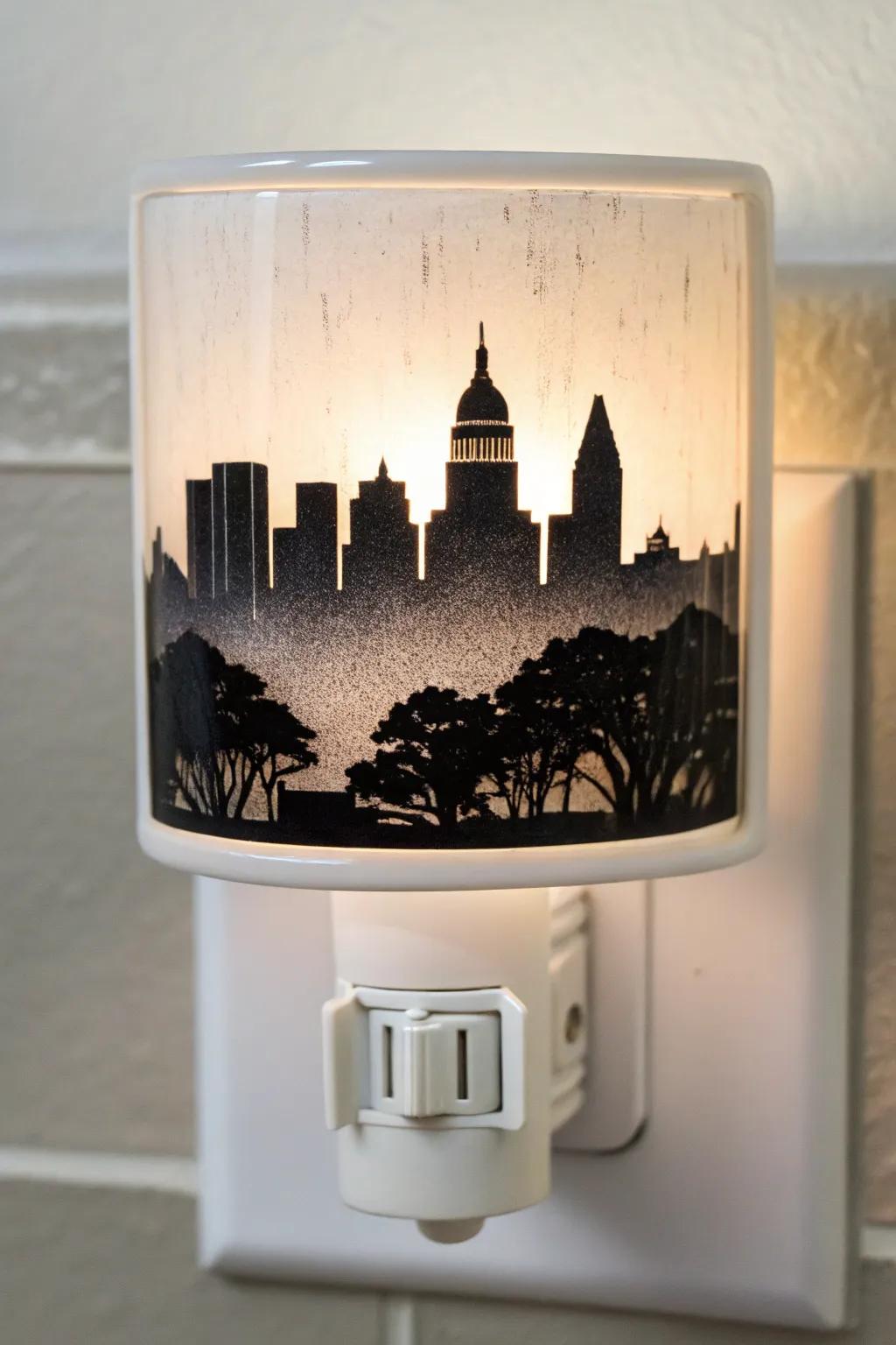 Brighten your nights using a touch of urban charm: Austin skyline in fused glass.