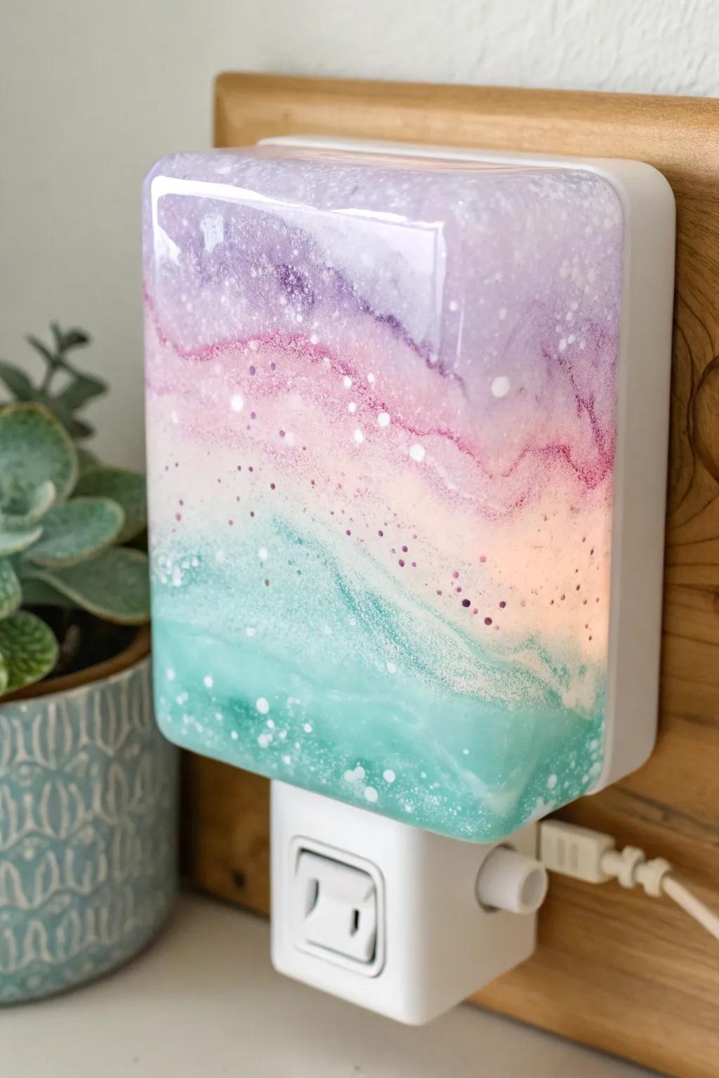 Brighten your dreams using a watercolor-inspired fused glass night light, capturing the essence of minimalist elegance and boho charm.