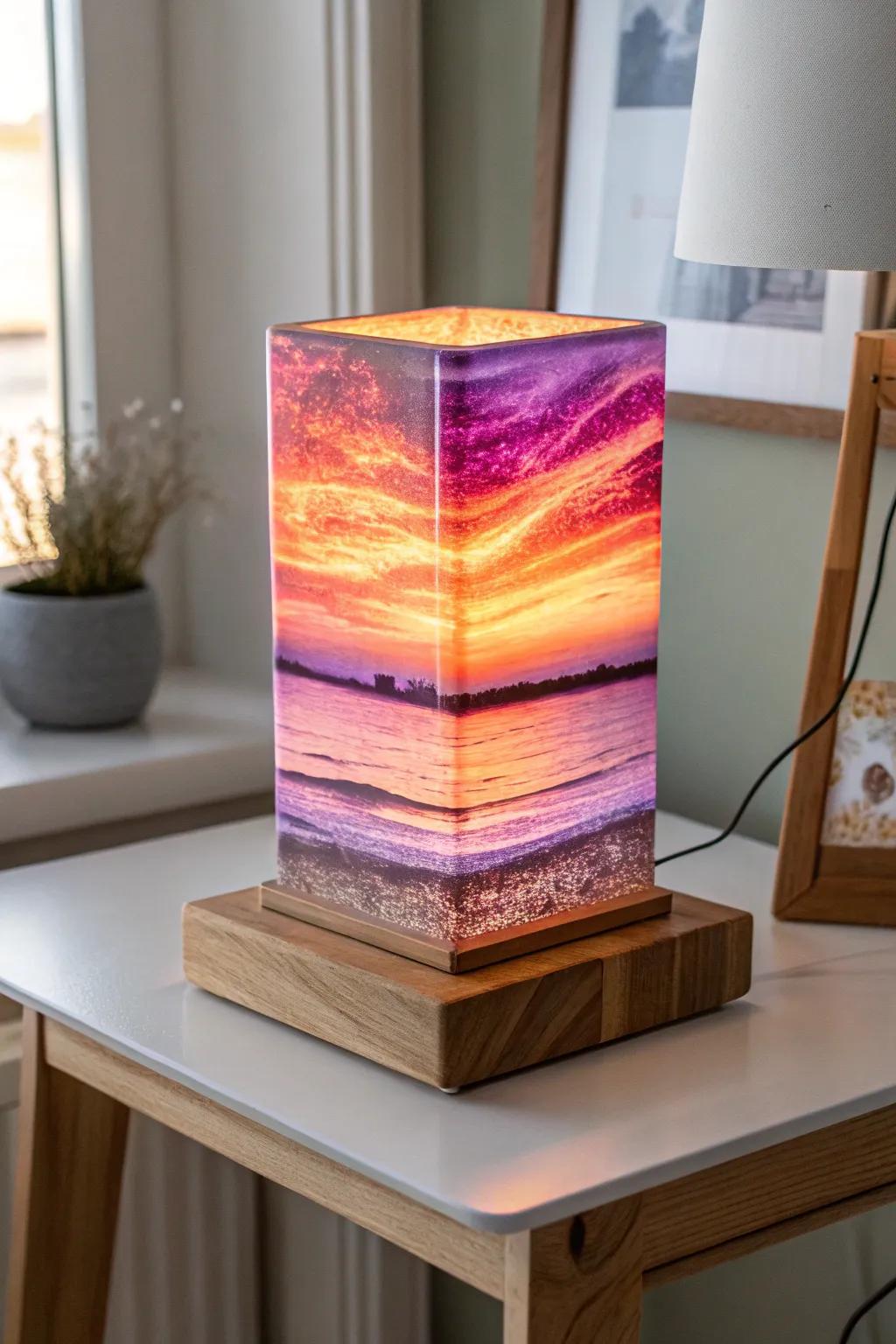 Brighten your area using the enchanting stacks of a handcrafted sunset glass night light.