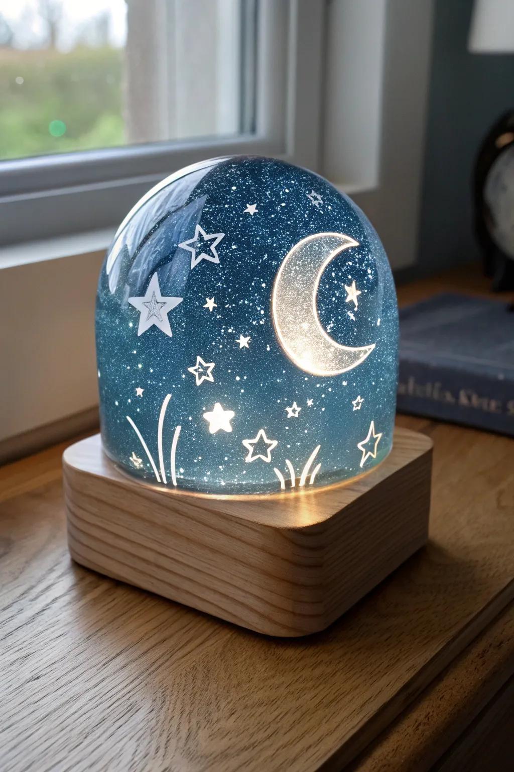 Brighten your nights using a touch of the cosmos. This handcrafted fused glass night light brings the starry sky indoors using minimalist elegance.