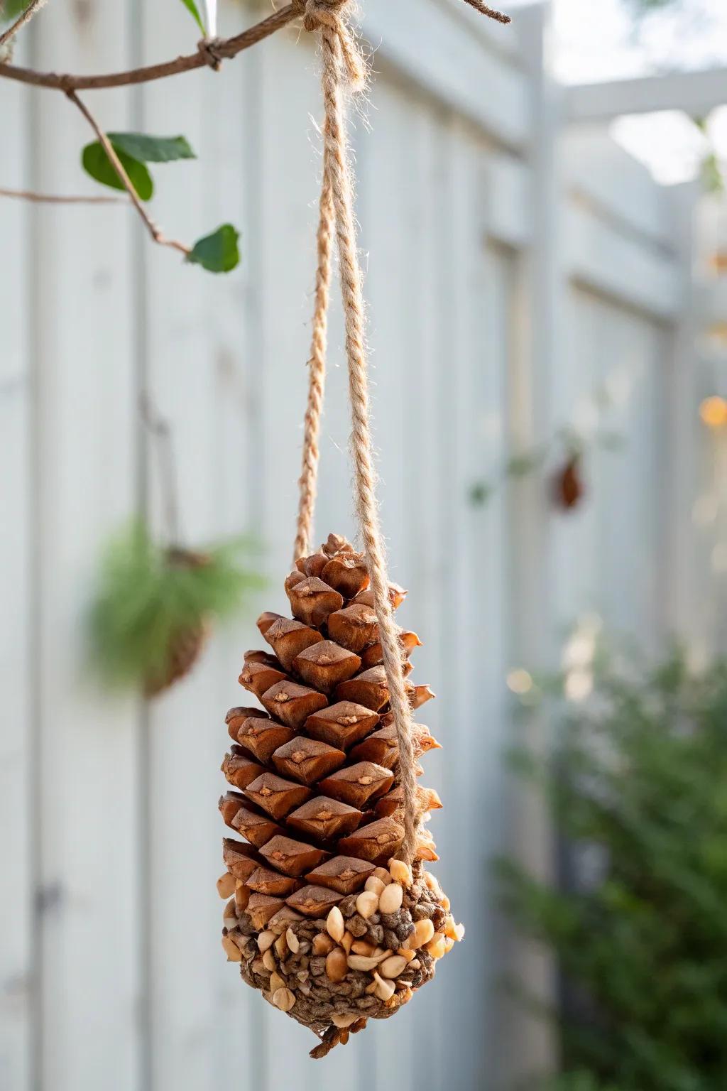 Entice nature into your garden using this delightful homemade bird treat dispenser, merging simplicity and natural allure.