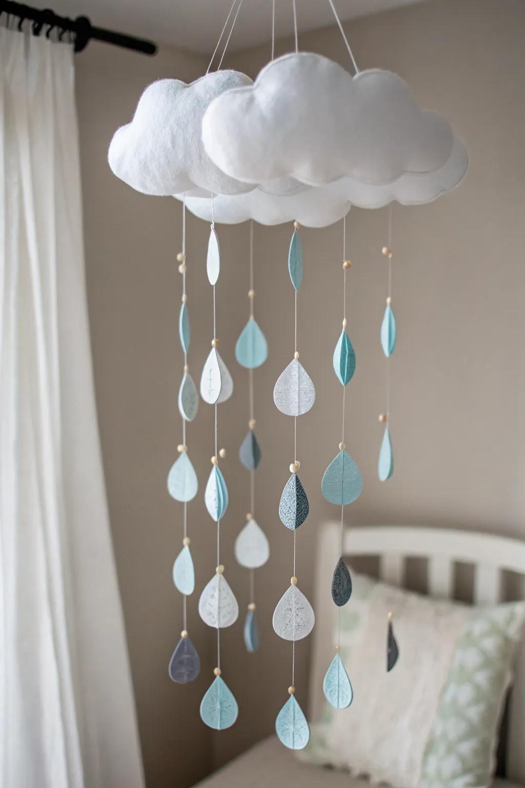 Introduce the tranquility of spring showers indoors using this captivating rain precipitation mobile.