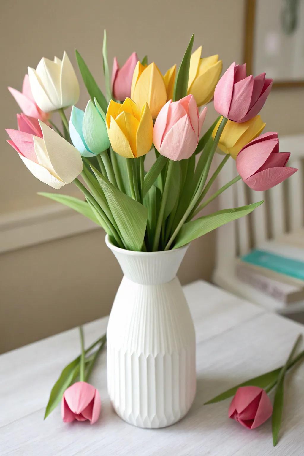 Enhance your area with a self-made floral paper arrangement, where spring shades converge with minimalist aesthetics.