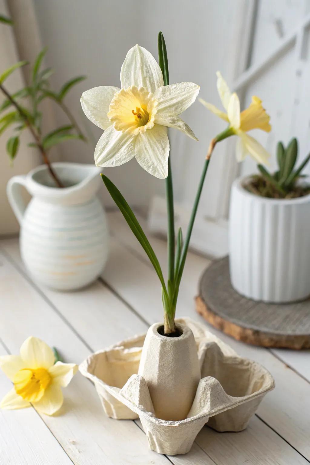 Embrace the splendor of spring using environmentally conscious sophistication: Upcycled Egg Container Bloom 🌼 #SpringCrafts #MinimalistBeauty