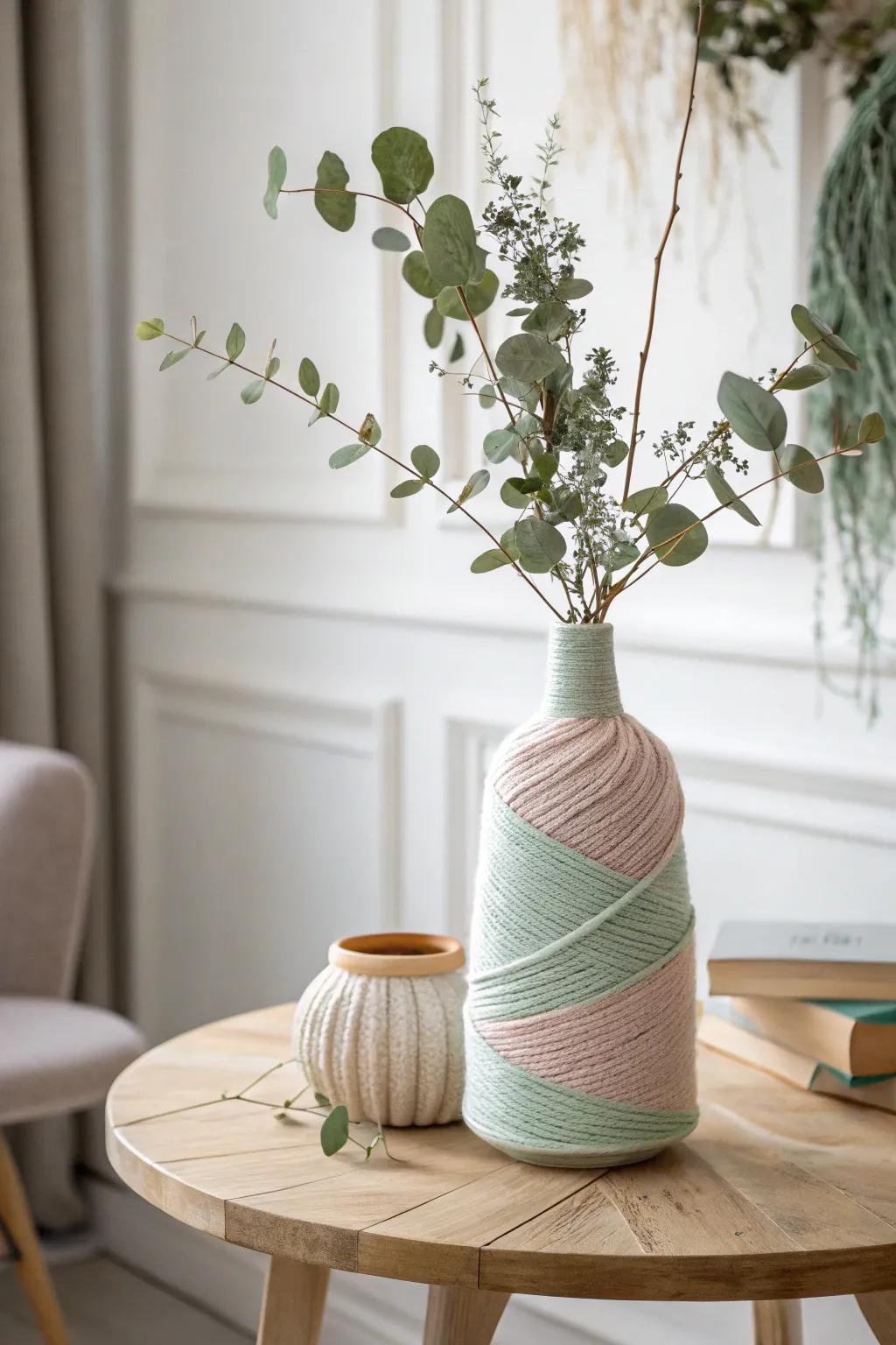 Incorporate a hint of comfortable sophistication into your space using a captivating yarn-enshrouded vase-ideally suited for spring revitalization!