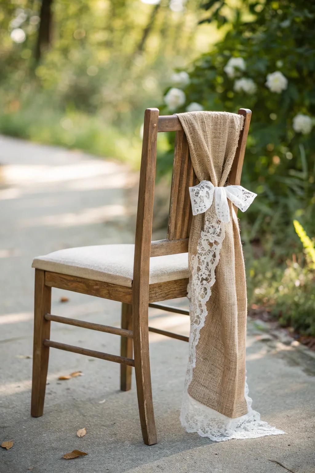 Embrace country charm through a twine and lace chair, perfect for a cozy outdoor baby shower.
