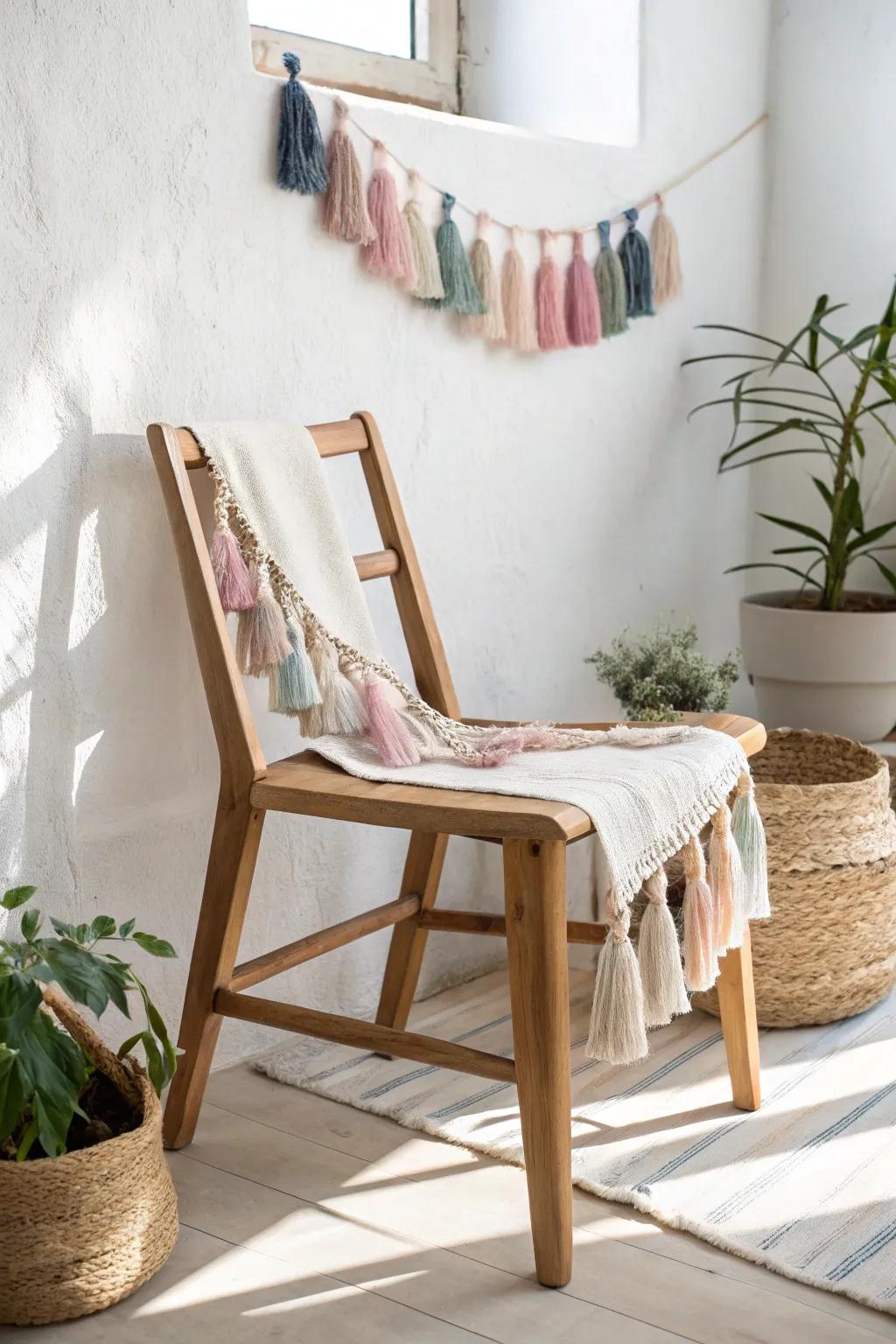 Incorporate a hint of quirkiness to your baby shower through a captivating fringe trim accent on a basic wooden chair.