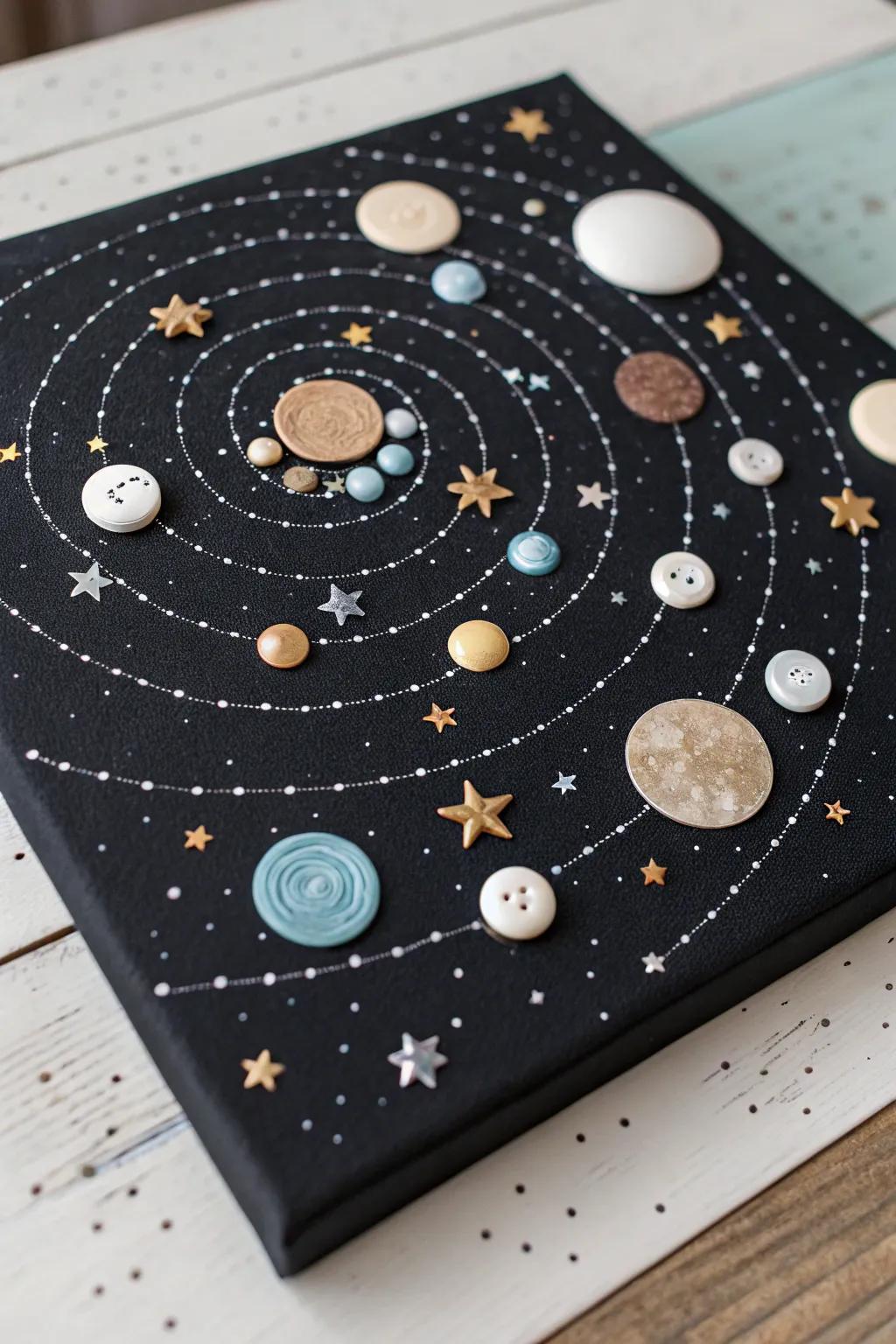 Dive into the universe with a stunning cosmic button art piece.