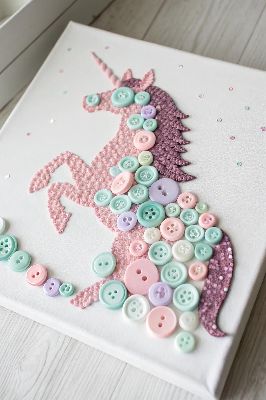 Bring fantasy to life with a charming button horse canvas.