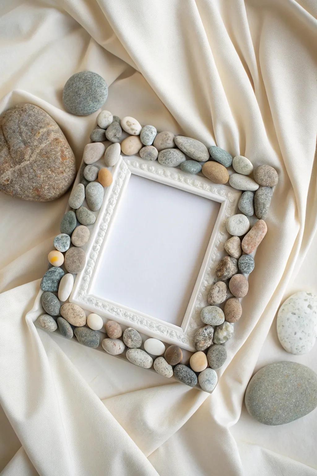 Enhance your cherished moments with the tranquil sophistication of a pebble art frame.