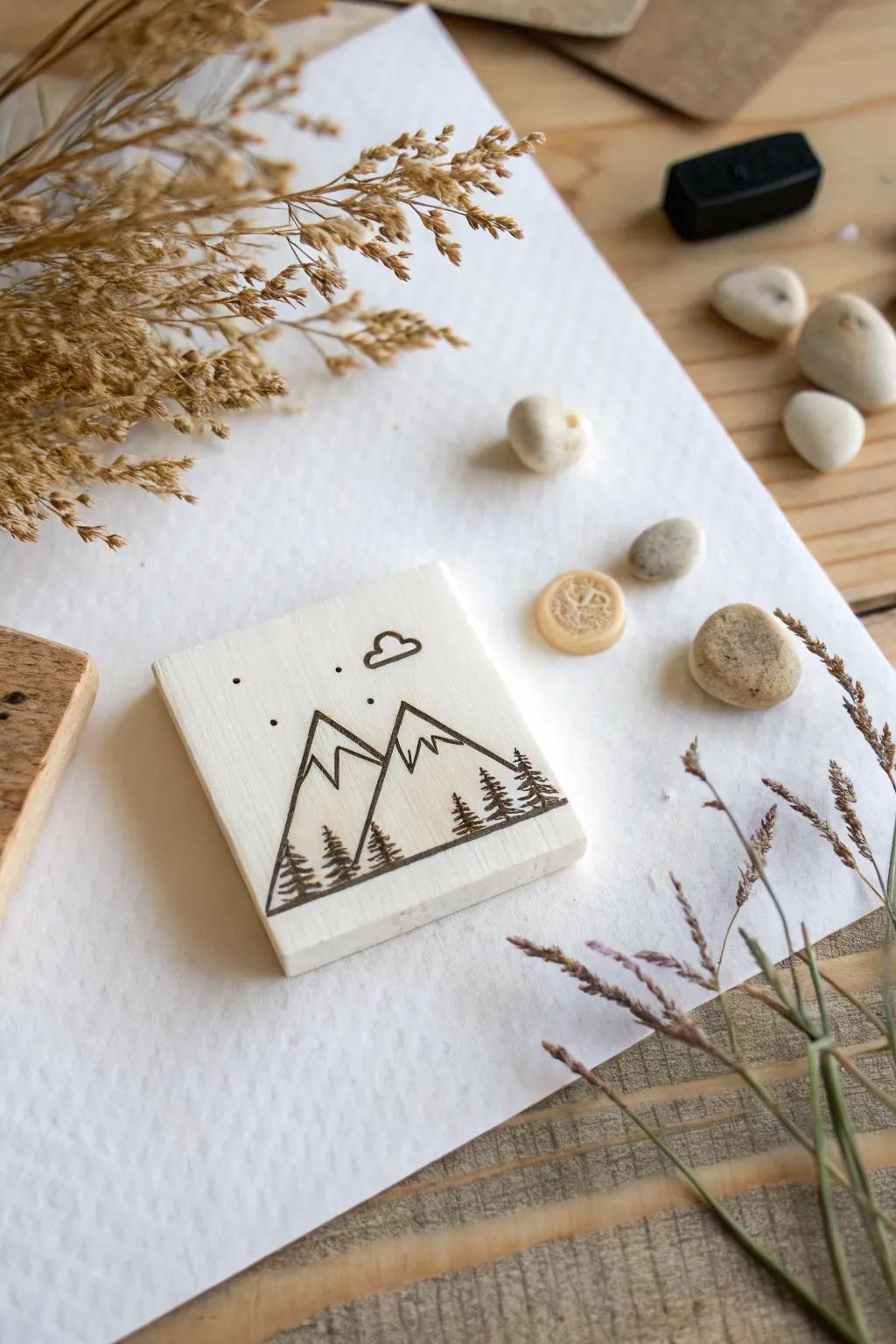 Minimalist mountain stamps evoke calm and natural beauty.