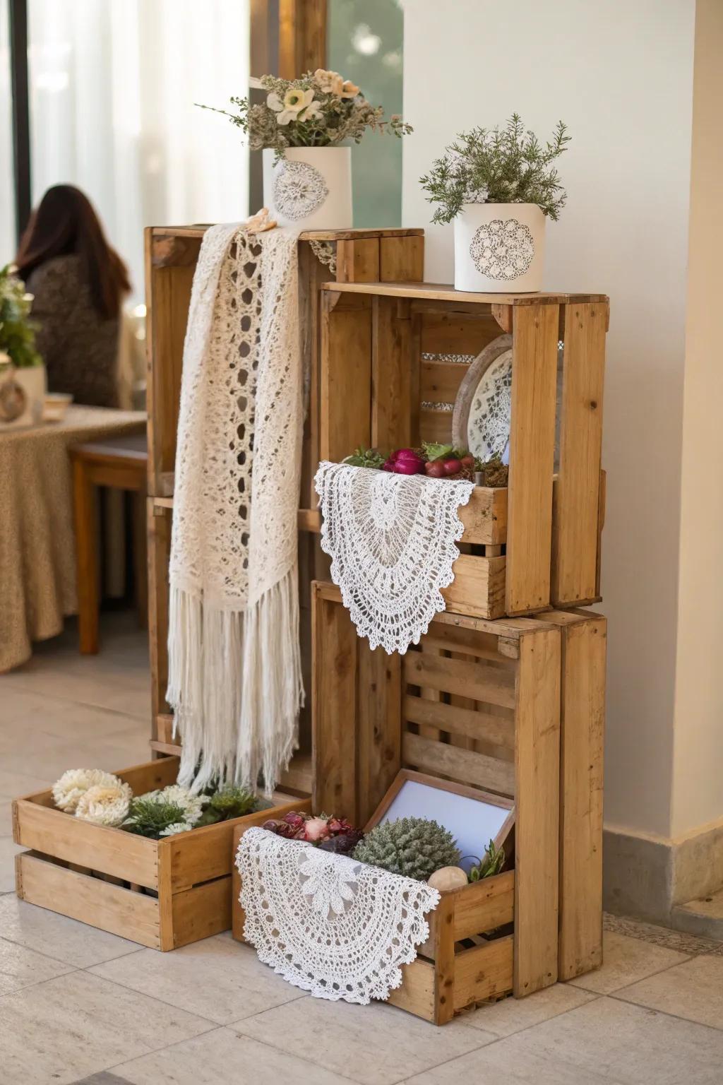 Appreciate the rustic beauty of repurposed boxes for your crochet market display. Easy, stylish, and attention-grabbing!