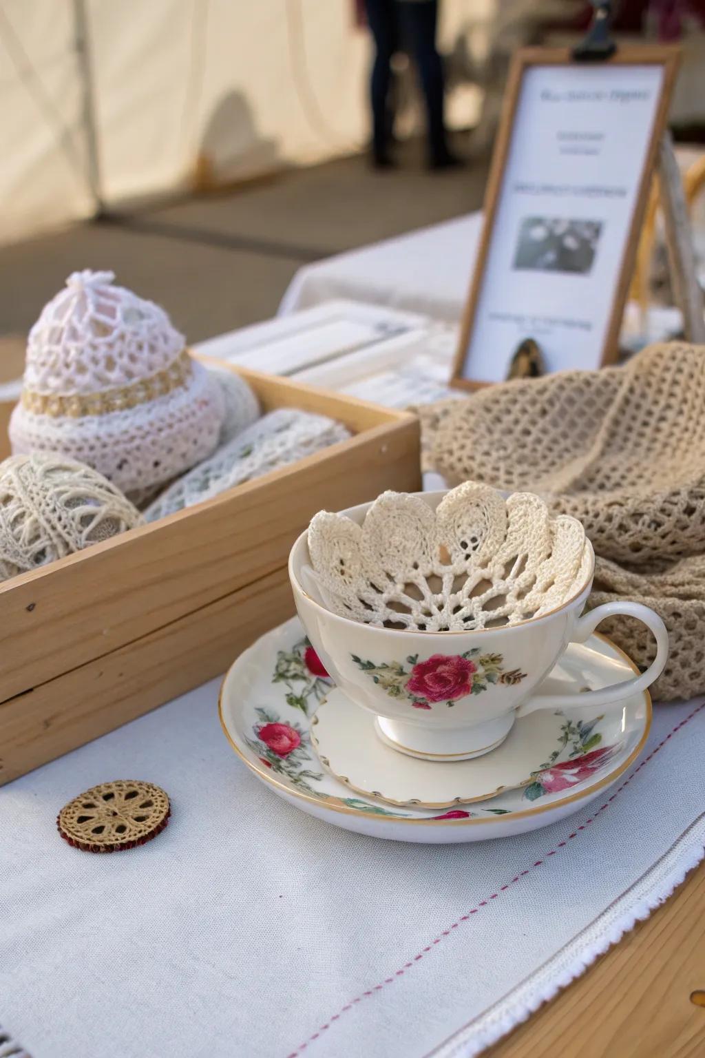 Enhance your marketplace presence with whimsical charm by employing unconventional holders such as vintage teacups.