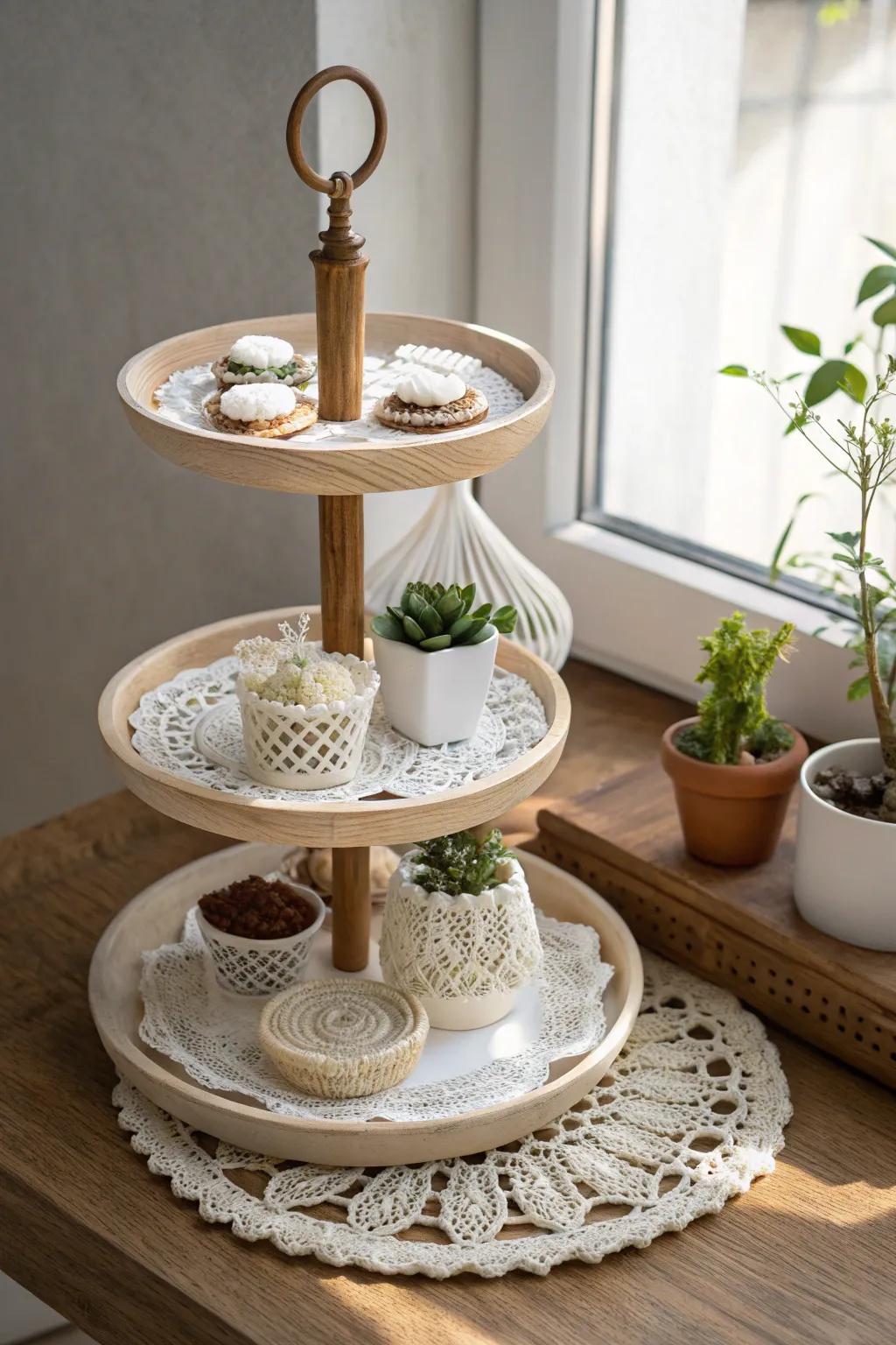 Enhance your crochet showcase with multi-tiered towers for a fashionable and space-efficient presentation!