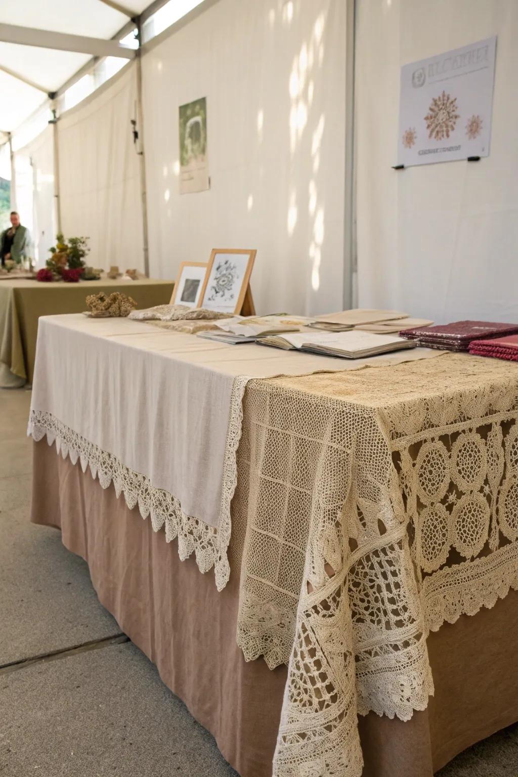 Add sophistication to your craft booth using layered fabrics for a cozy, vintage atmosphere. #MarketplaceElegance