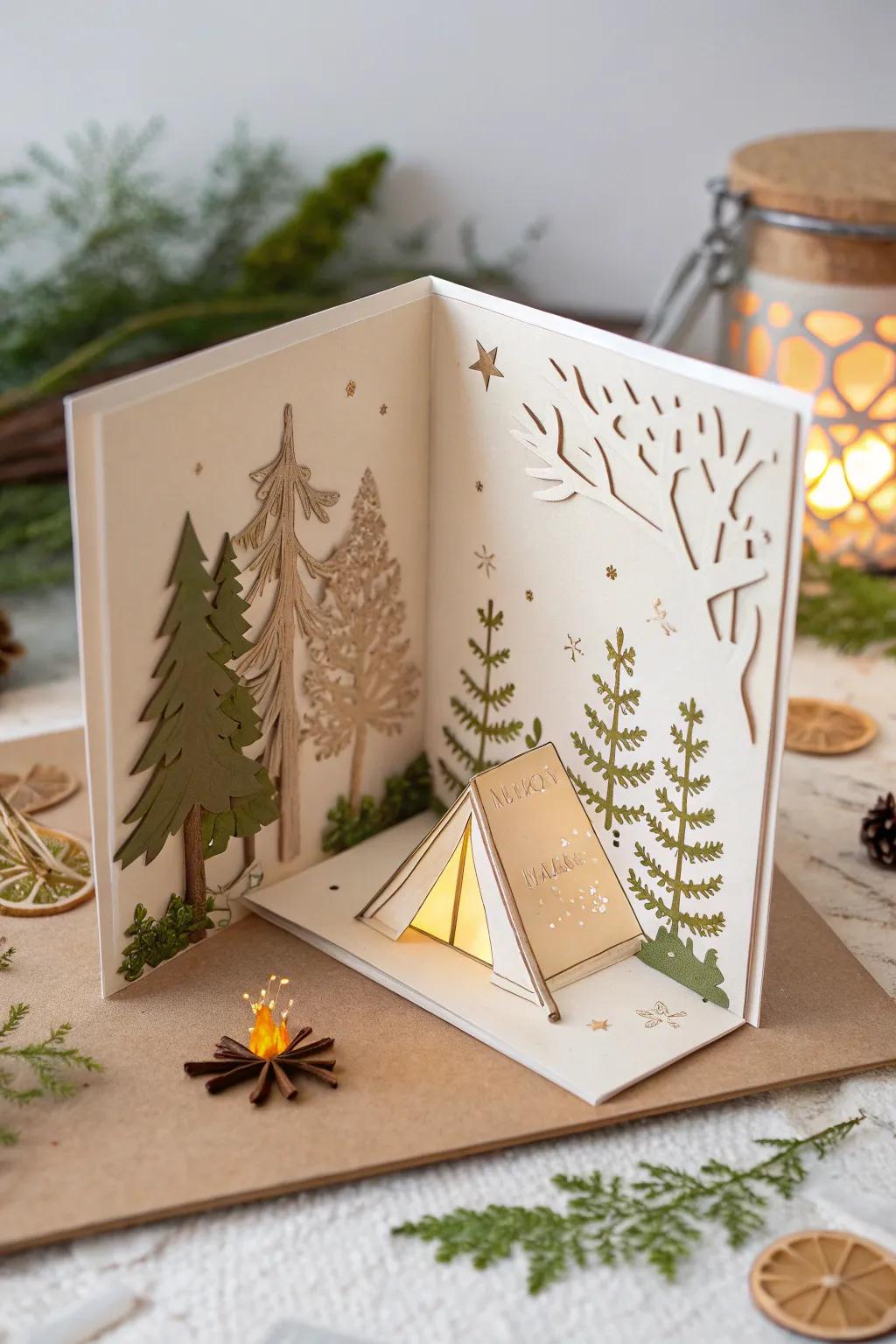 Step into a tranquil world with this exquisite pop-up campsite card, perfect for lovers of simplicity and fine craftsmanship.