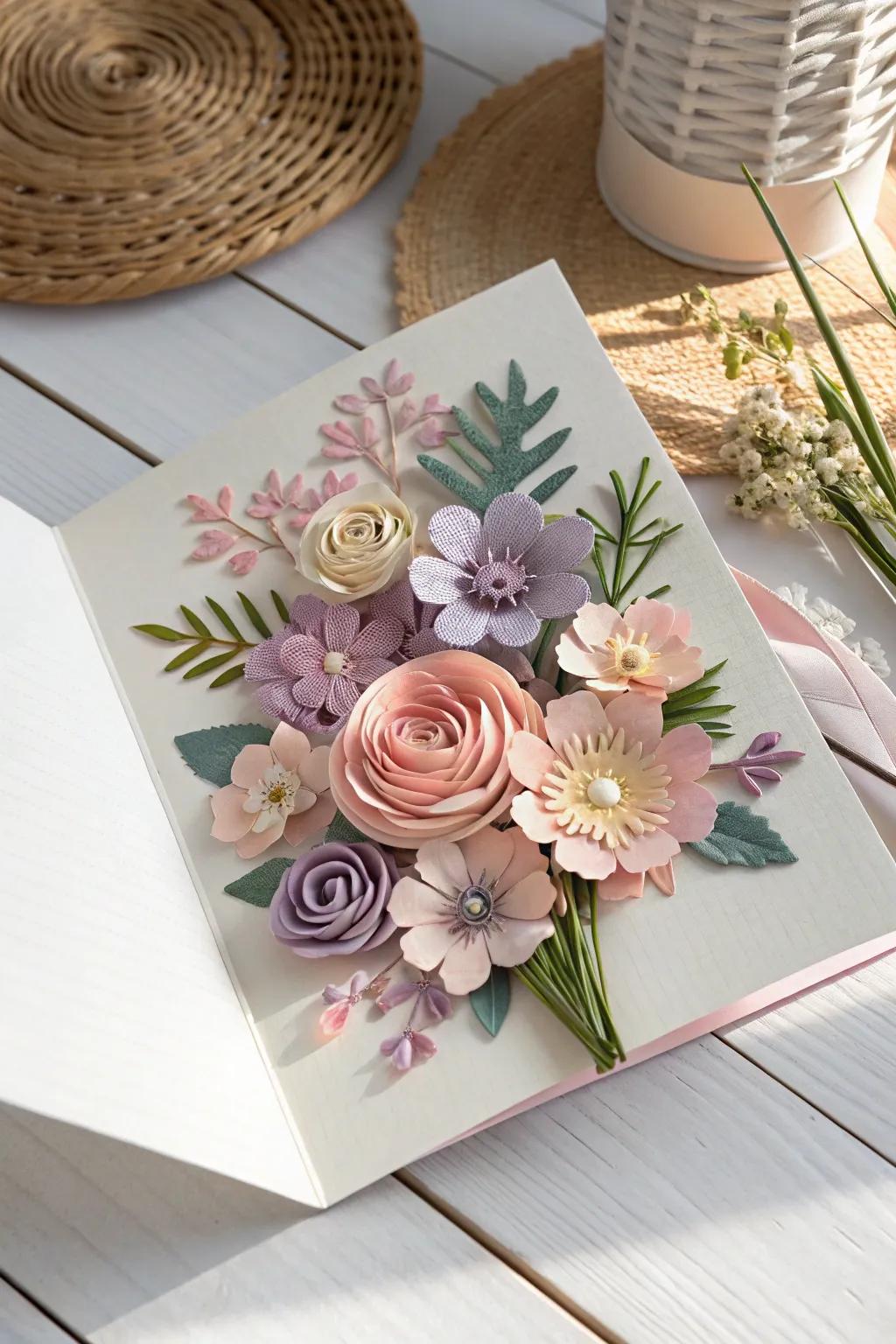 Enchant hearts with this elegant 3D floral bouquet card, a perfect harmony of simplicity and grace.