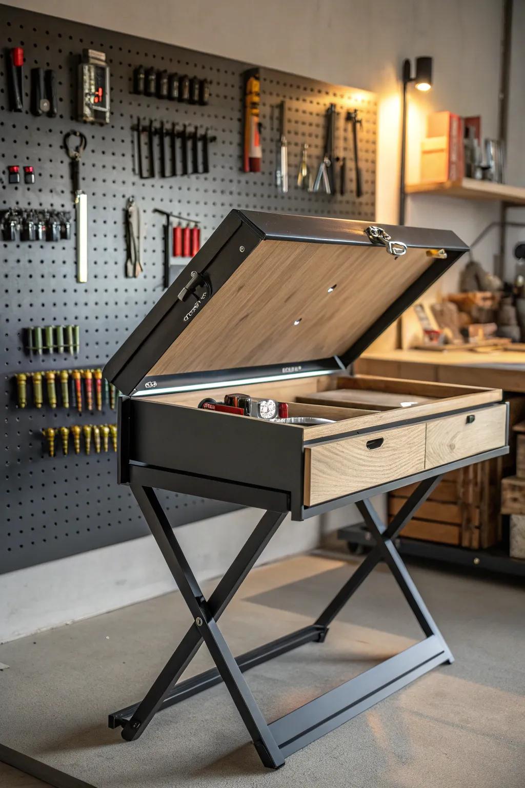 Maximize your space with a stylish collapsible workbench - perfect for compact workshops.