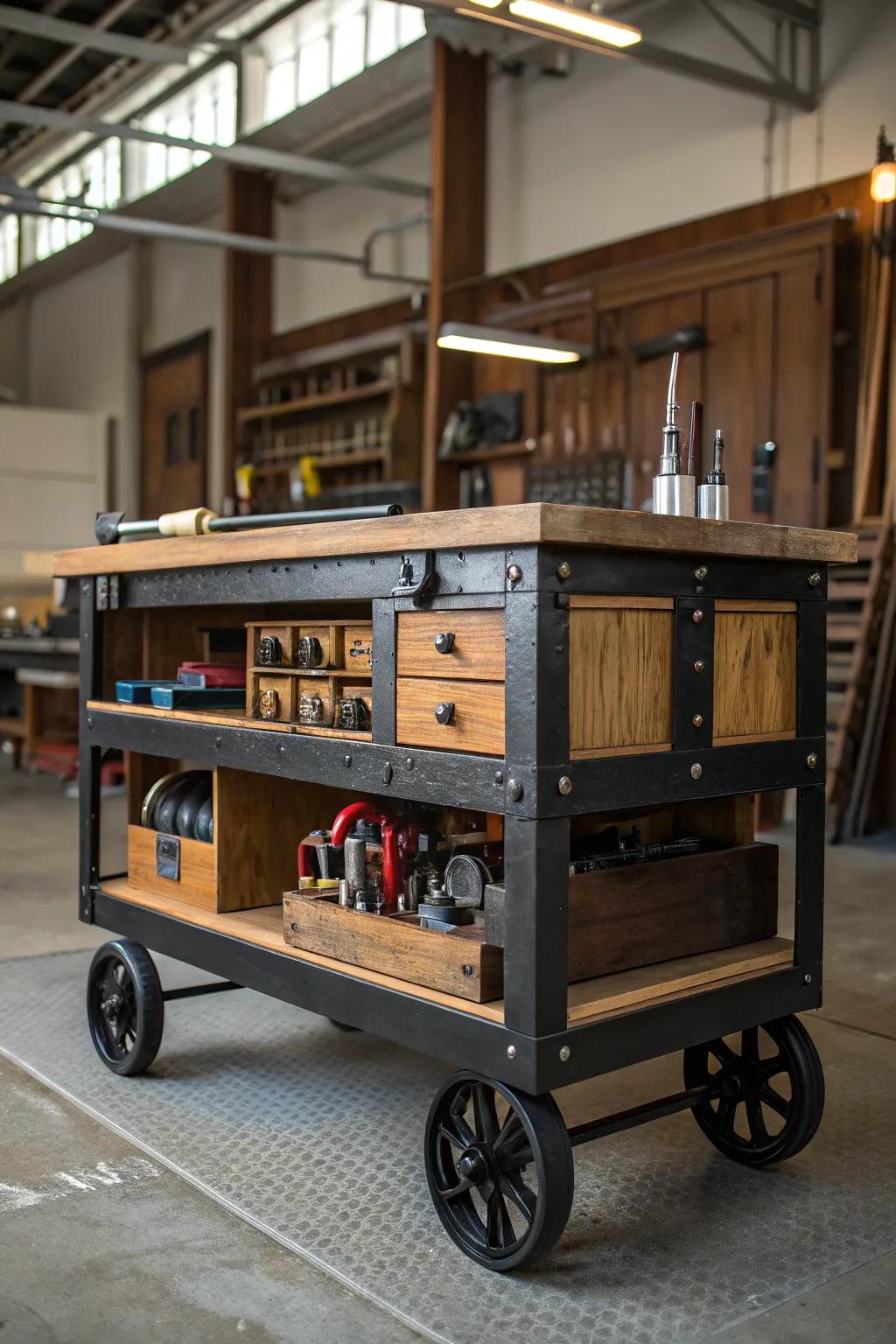 Elevate your workshop with a stylish gliding cart - the perfect blend of mobility and craftsmanship.