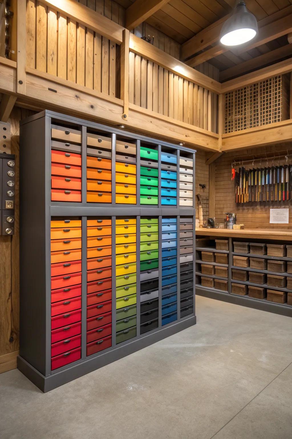 Transform your workshop with an energetic, categorized-by-hue container system that infuses both order and panache into your area.