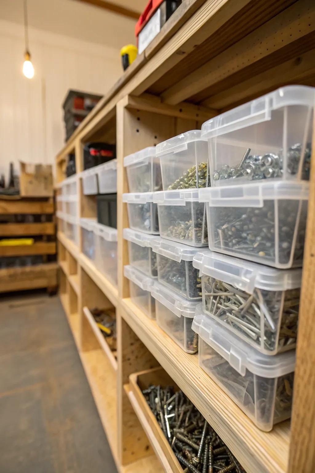 Streamline your workshop with see-through containers for effortless access and organization.