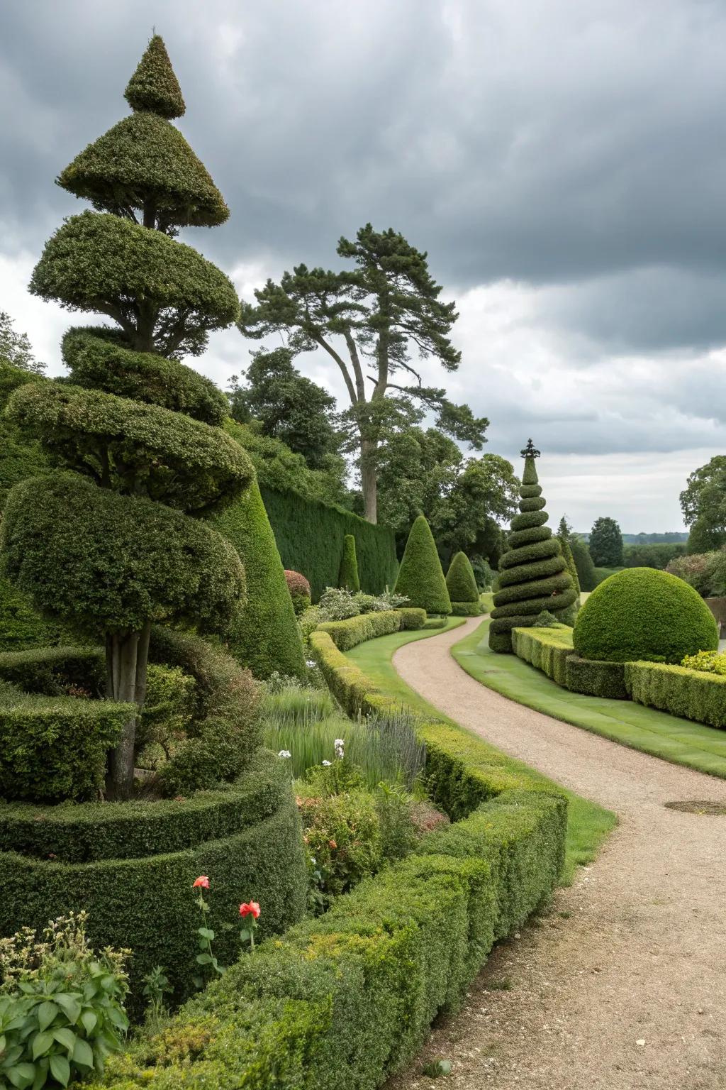 Elegantly shaped green walls and topiary adding structure.