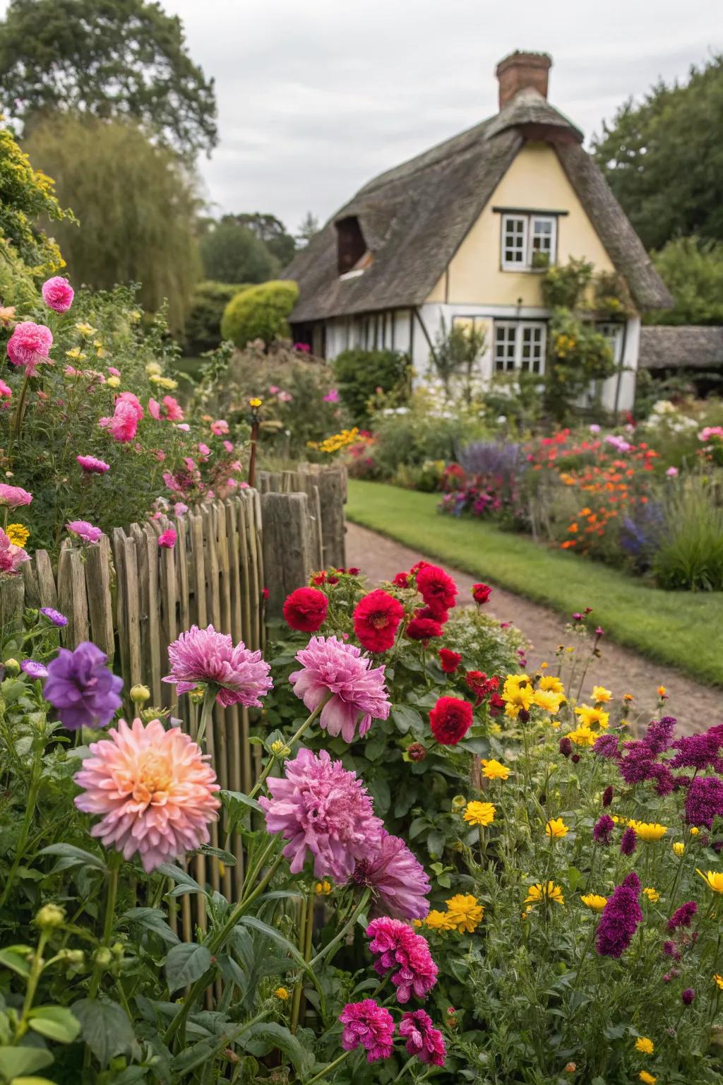 A country garden overflowing with vibrant blooms and lush plants.