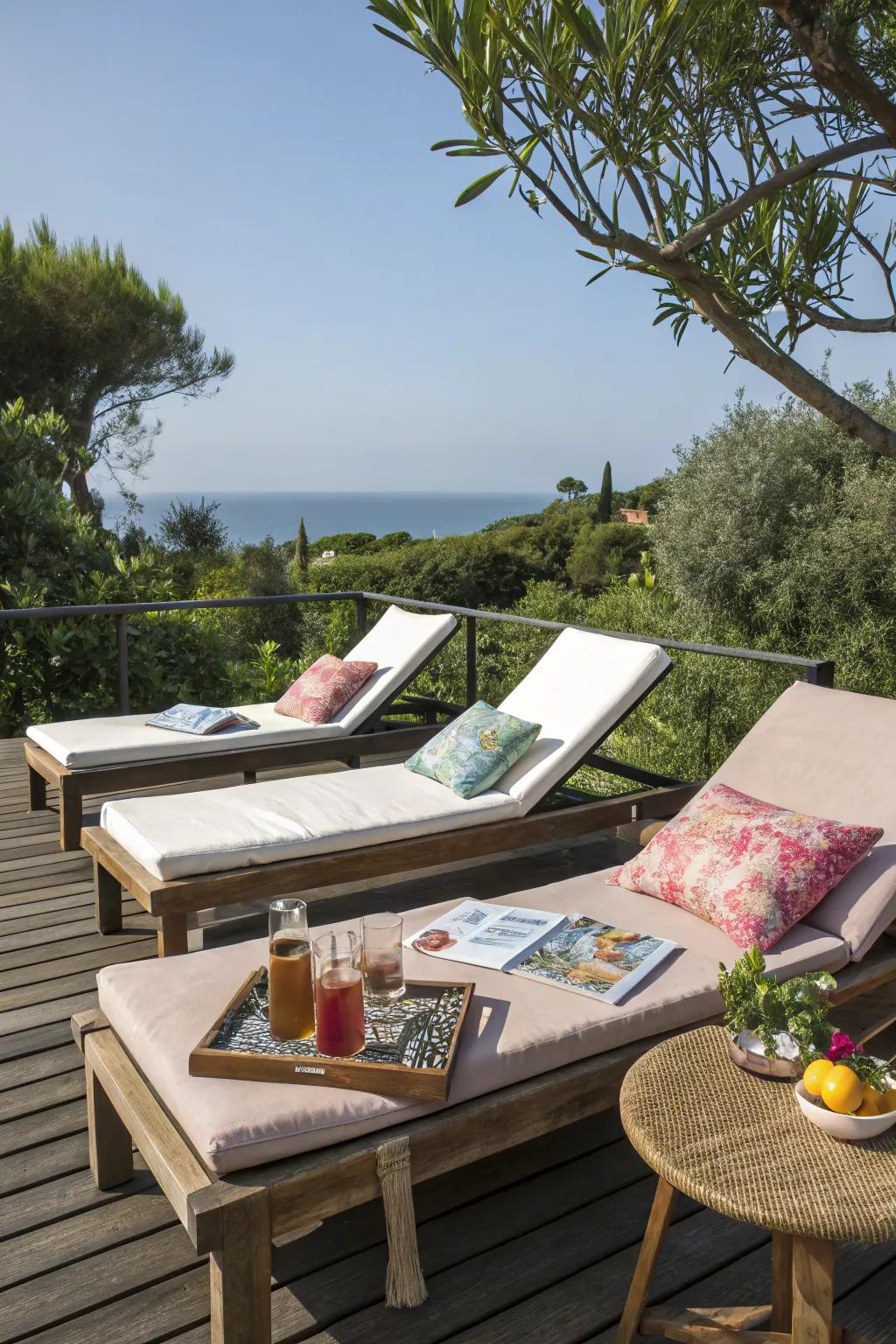 A sunbathing nook invites relaxation and leisure under the open sky.