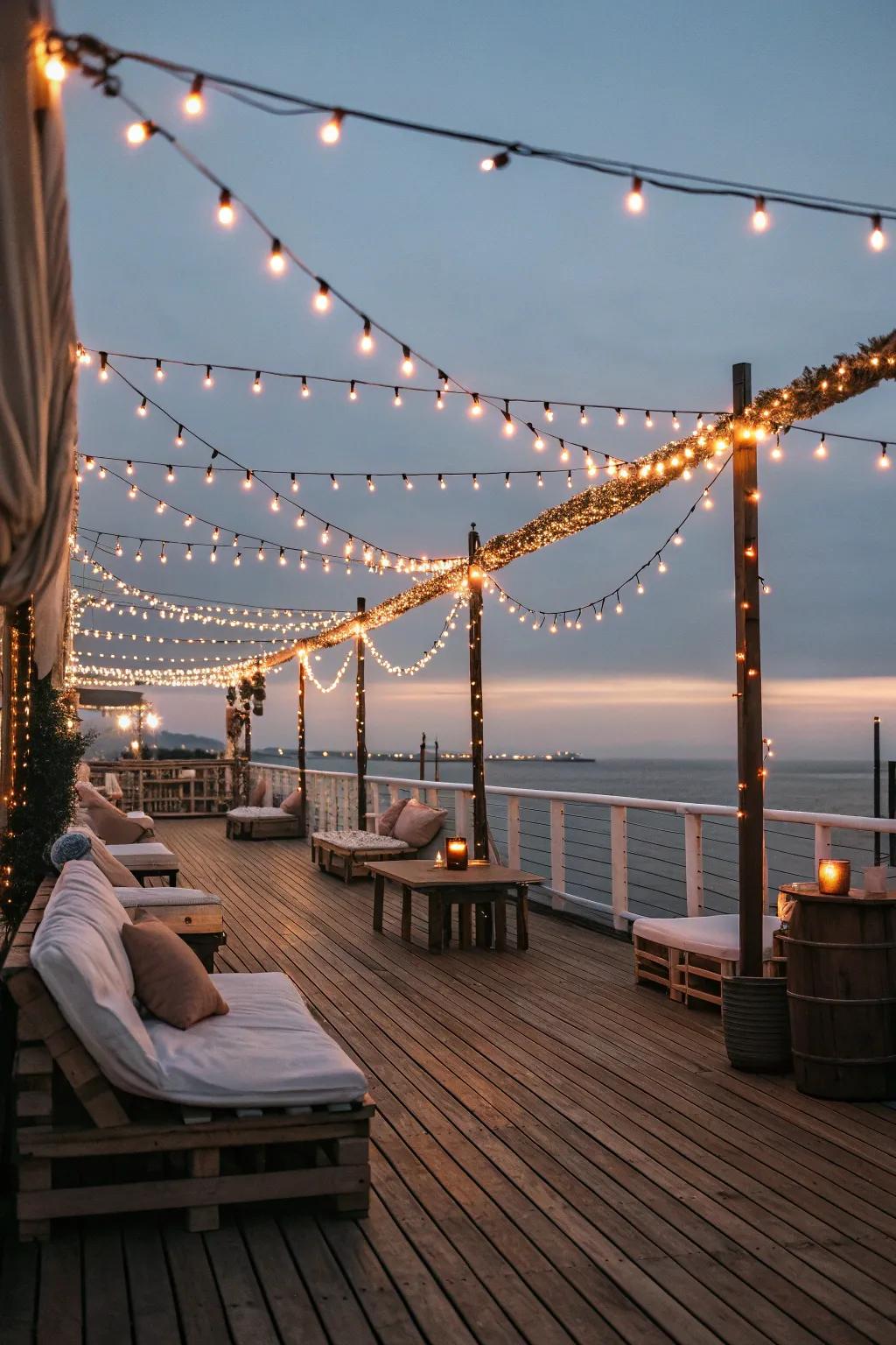 Hanging lights add a magical glow to your outdoor space, perfect for nighttime enjoyment.