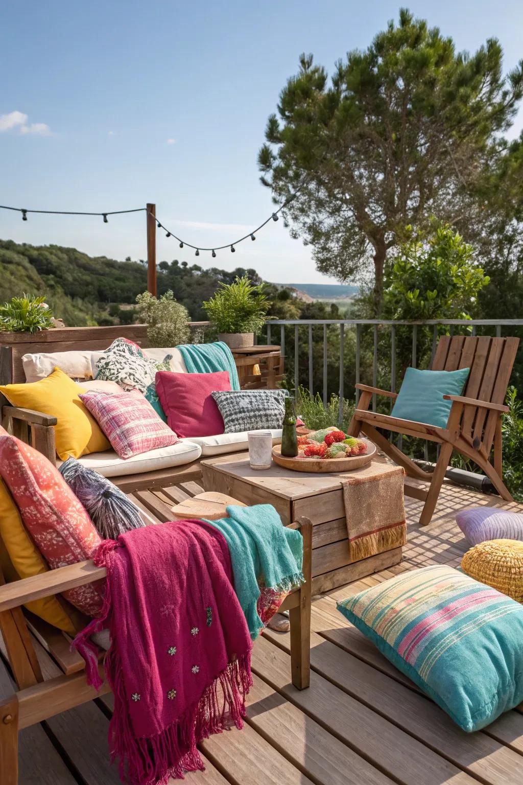Soft textiles add warmth, color, and coziness to your deck.