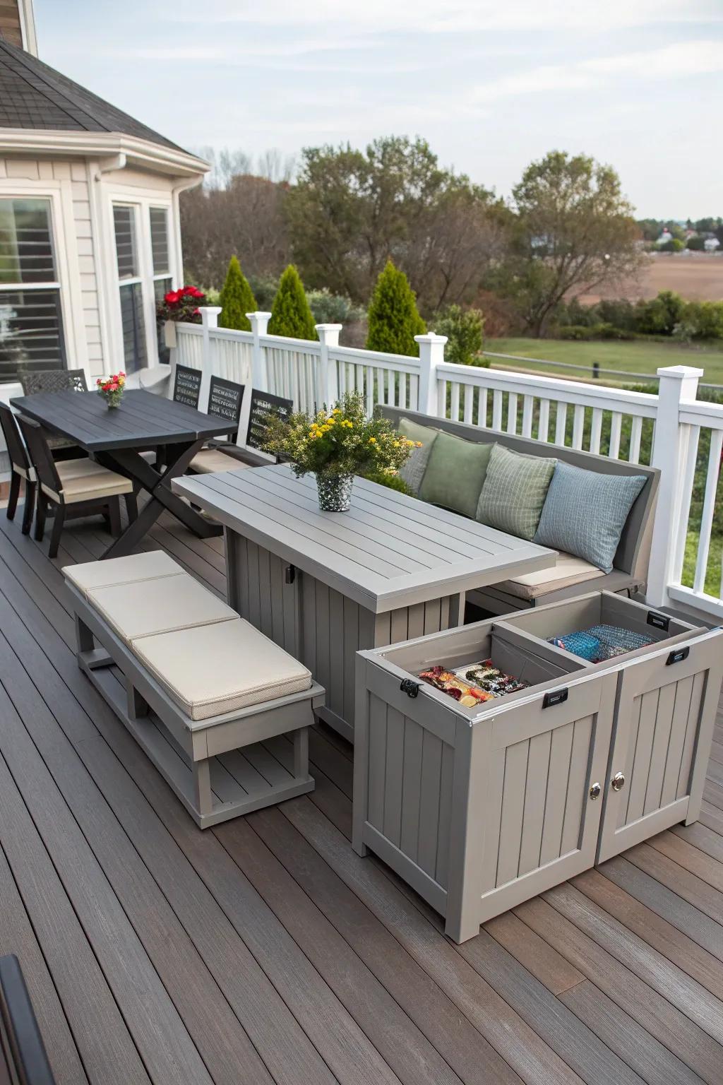 Multi-functional furniture optimizes space and utility on your deck.