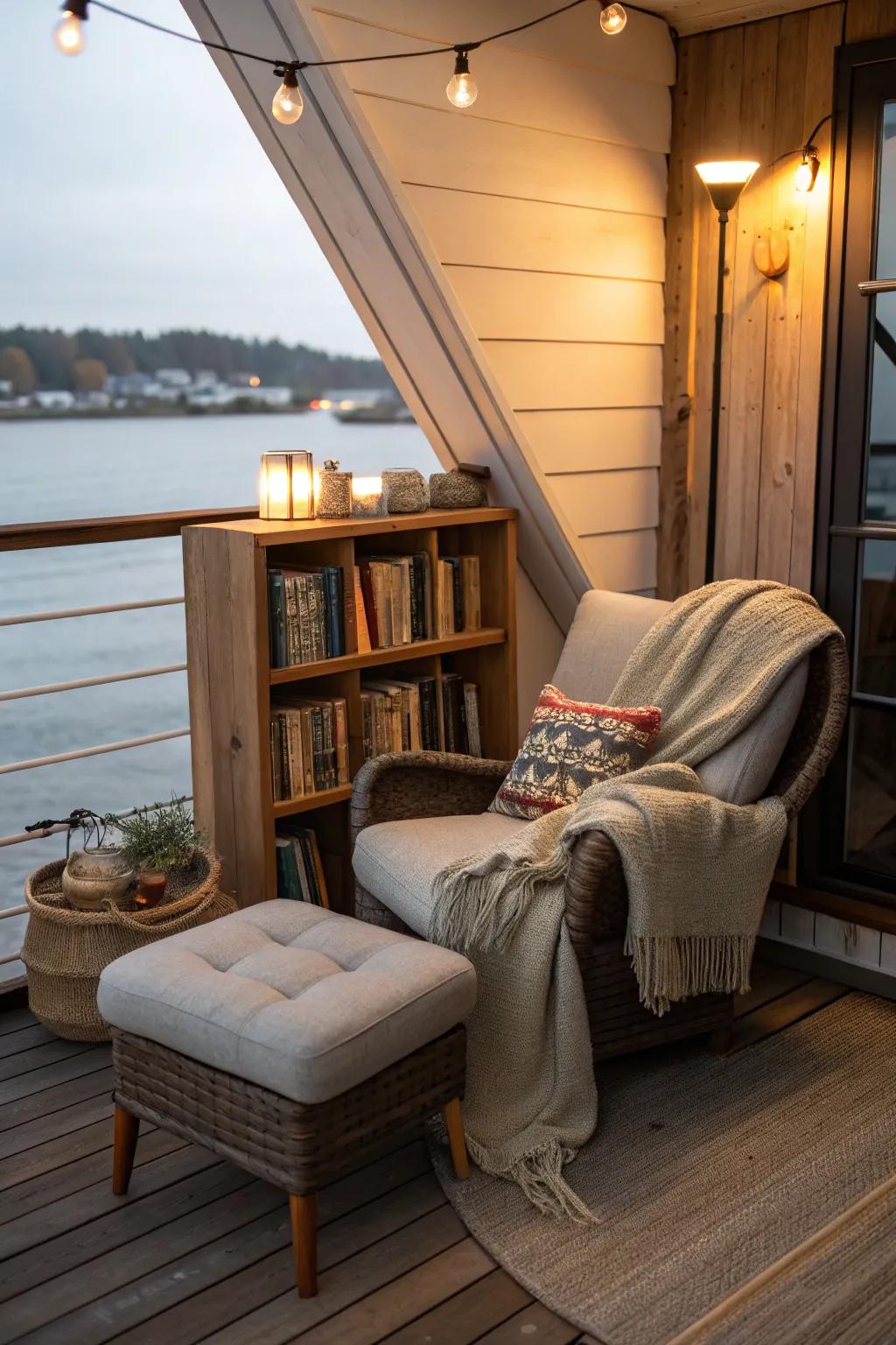 A reading corner offers a tranquil escape for book lovers.