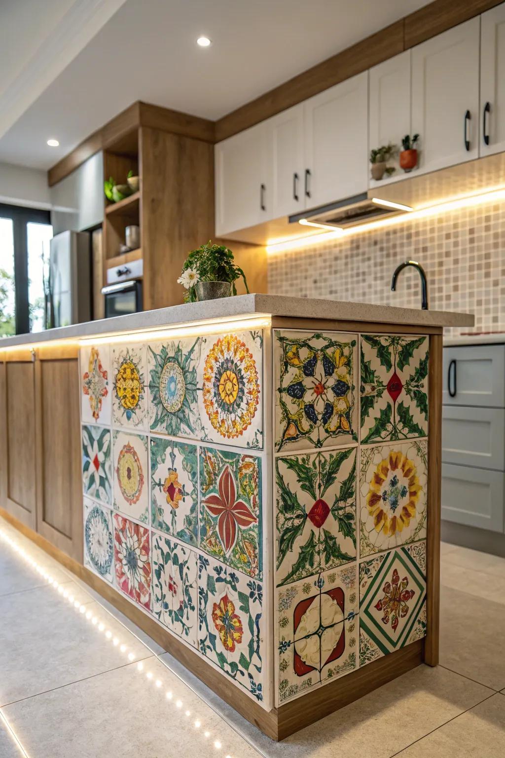 Artistic tiles incorporate color and personality into this kitchen island, crafting a captivating focal point.