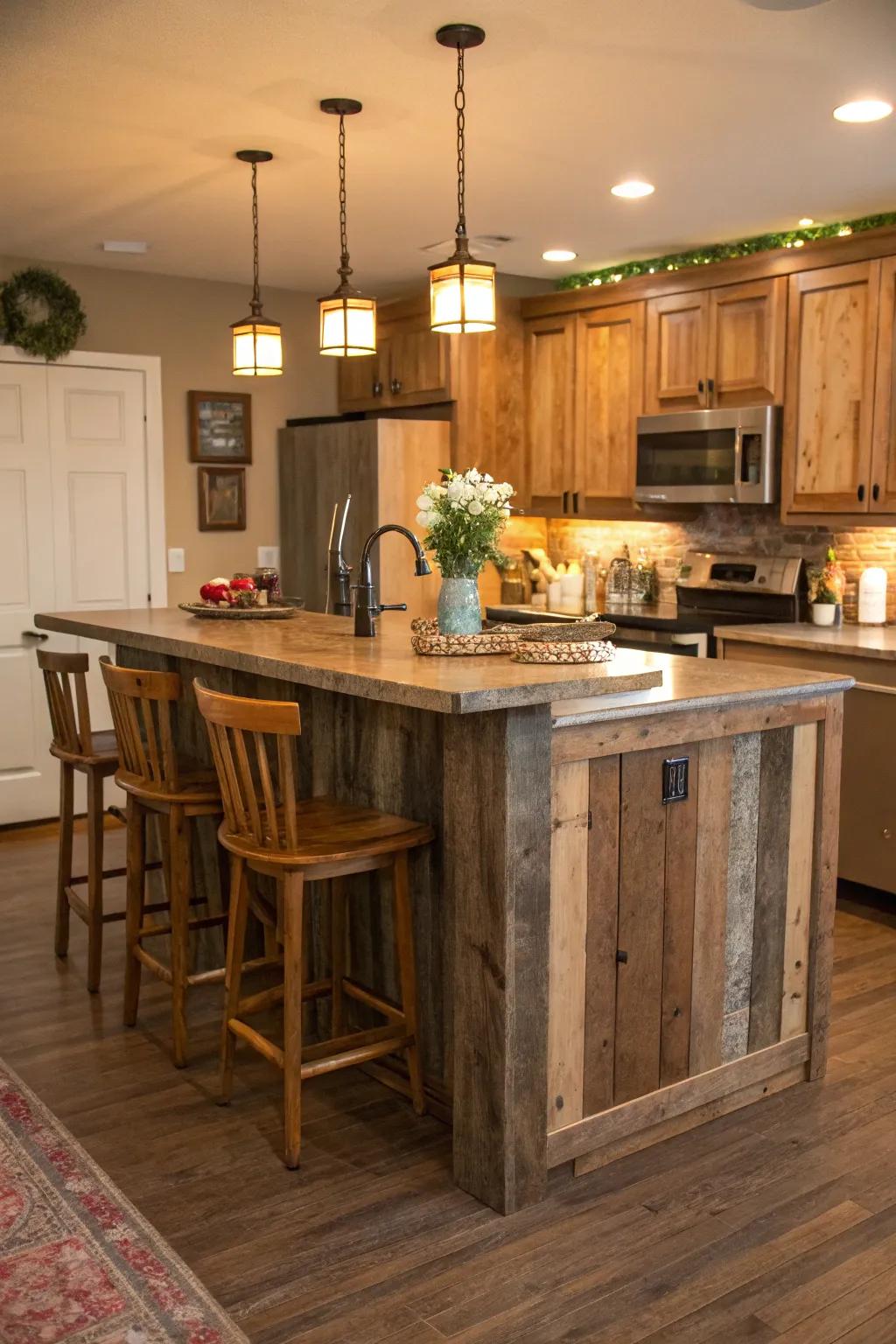 A kitchen island showcasing a rear panel made of upcycled wood, contributing a rustic and warm allure.