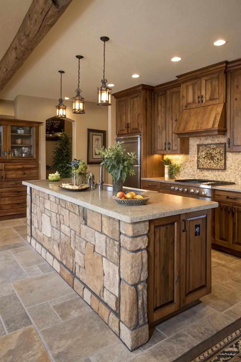 Natural wood and earthy tones craft a serene and balanced appearance for this kitchen island.