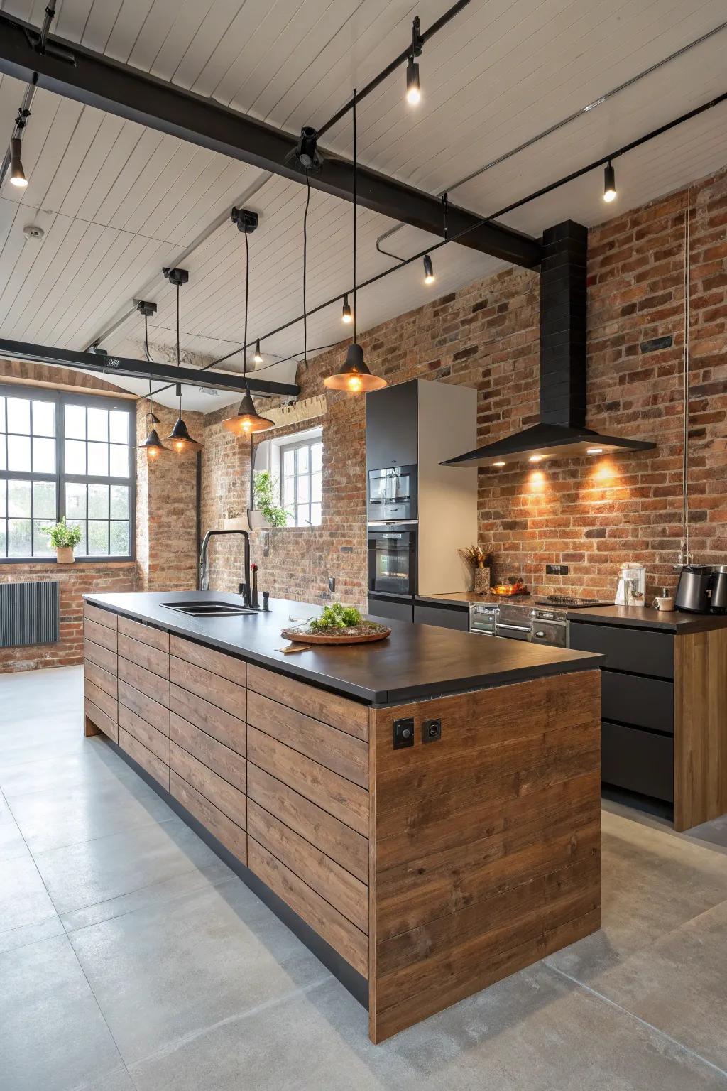 A brick rear panel incorporates a vintage urban influence to this kitchen island, ideal for city-inspired spaces.
