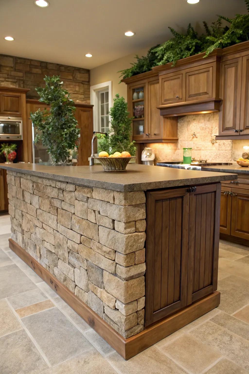 Textured rock finish introduces natural depth and beauty to this kitchen island, enhancing its tactile allure.
